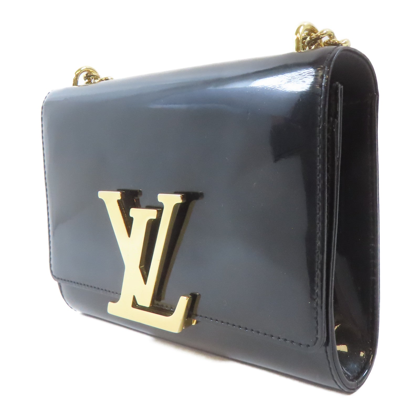 LOUIS VUITTON 漆皮皮革Pochette Louise MM金扣鏈帶肩背袋黑色