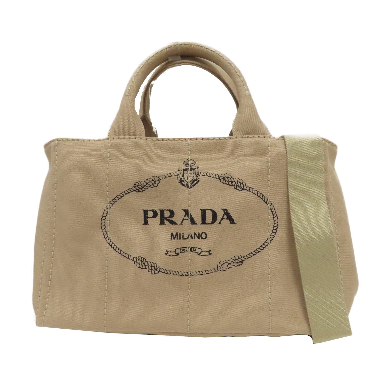 PRADA 帆布Canapa Tote Bag金扣手挽肩背兩用袋米色