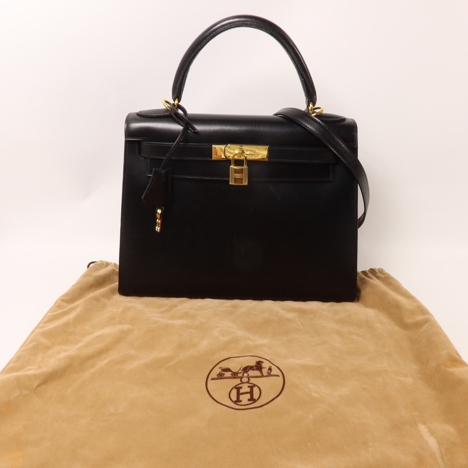 HERMES Box Calf皮革Kelly 28手挽肩背兩用袋Noir