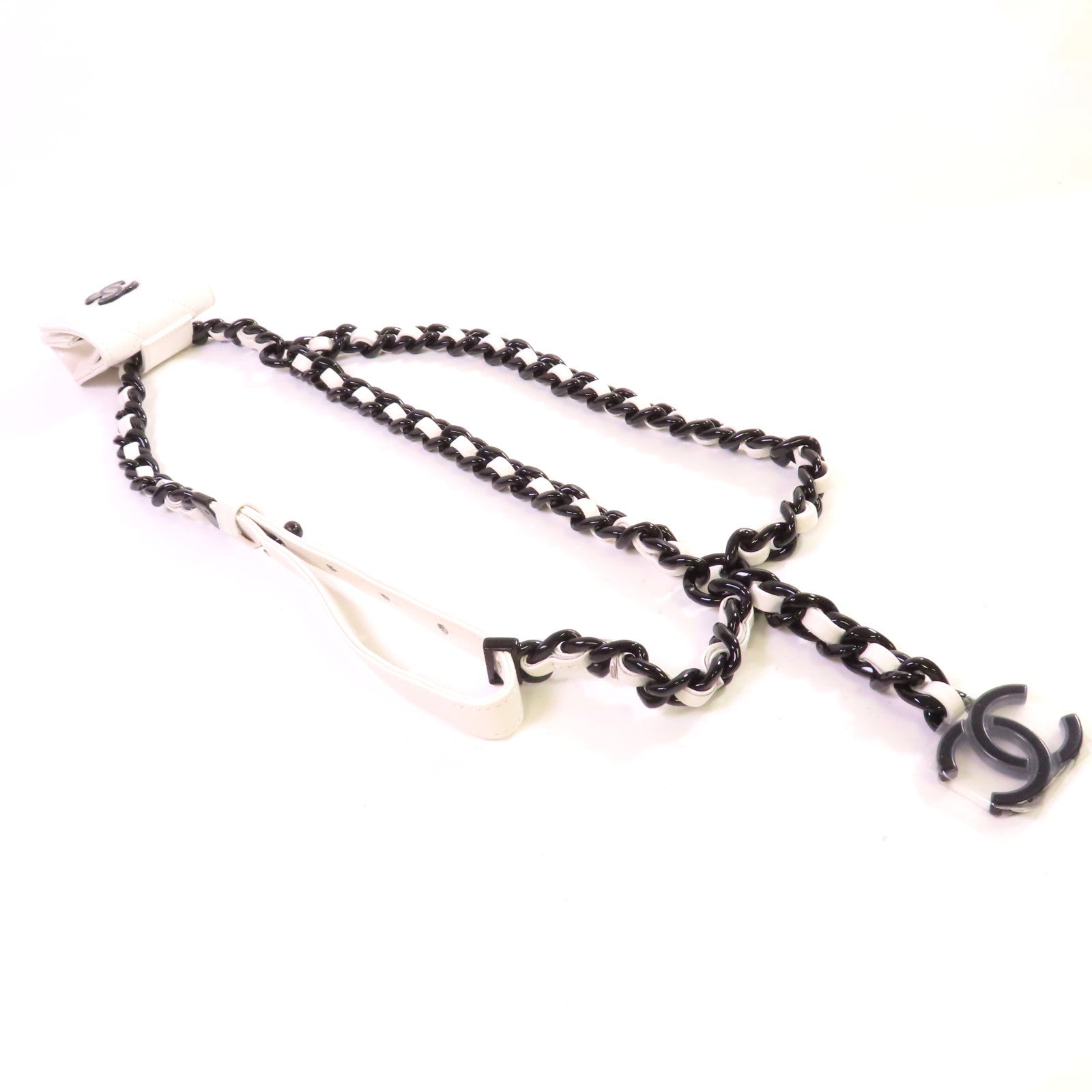 CHANEL 菱格Caviar皮革Airpods Pro Holder Belt銀扣耳機收納腰包白色