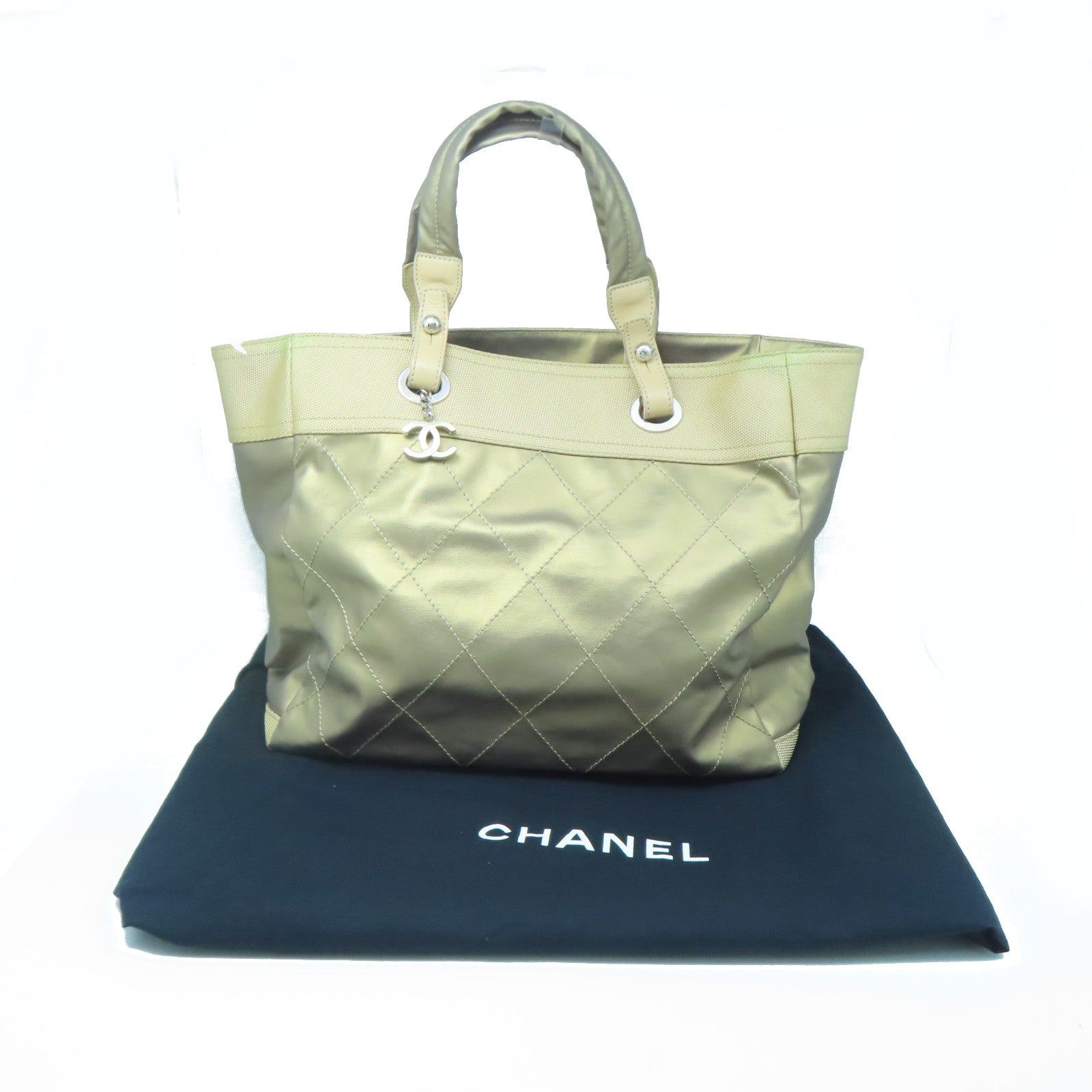 CHANEL Rhombus Canvas Handbag Silver Buckle Hand Bag Brown