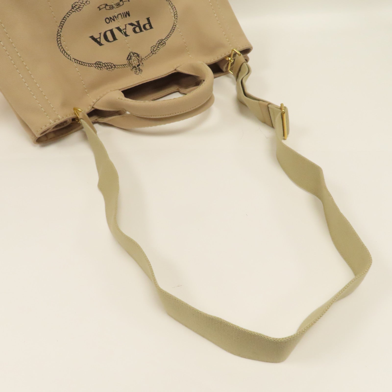 PRADA 帆布Canapa Tote Bag金扣手挽肩背兩用袋米色