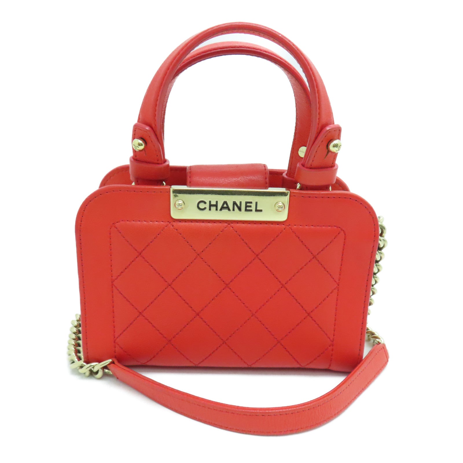 CHANEL 【清倉大減價】菱格牛皮皮革2Way Shoulder金扣手挽肩背兩用袋橙紅色