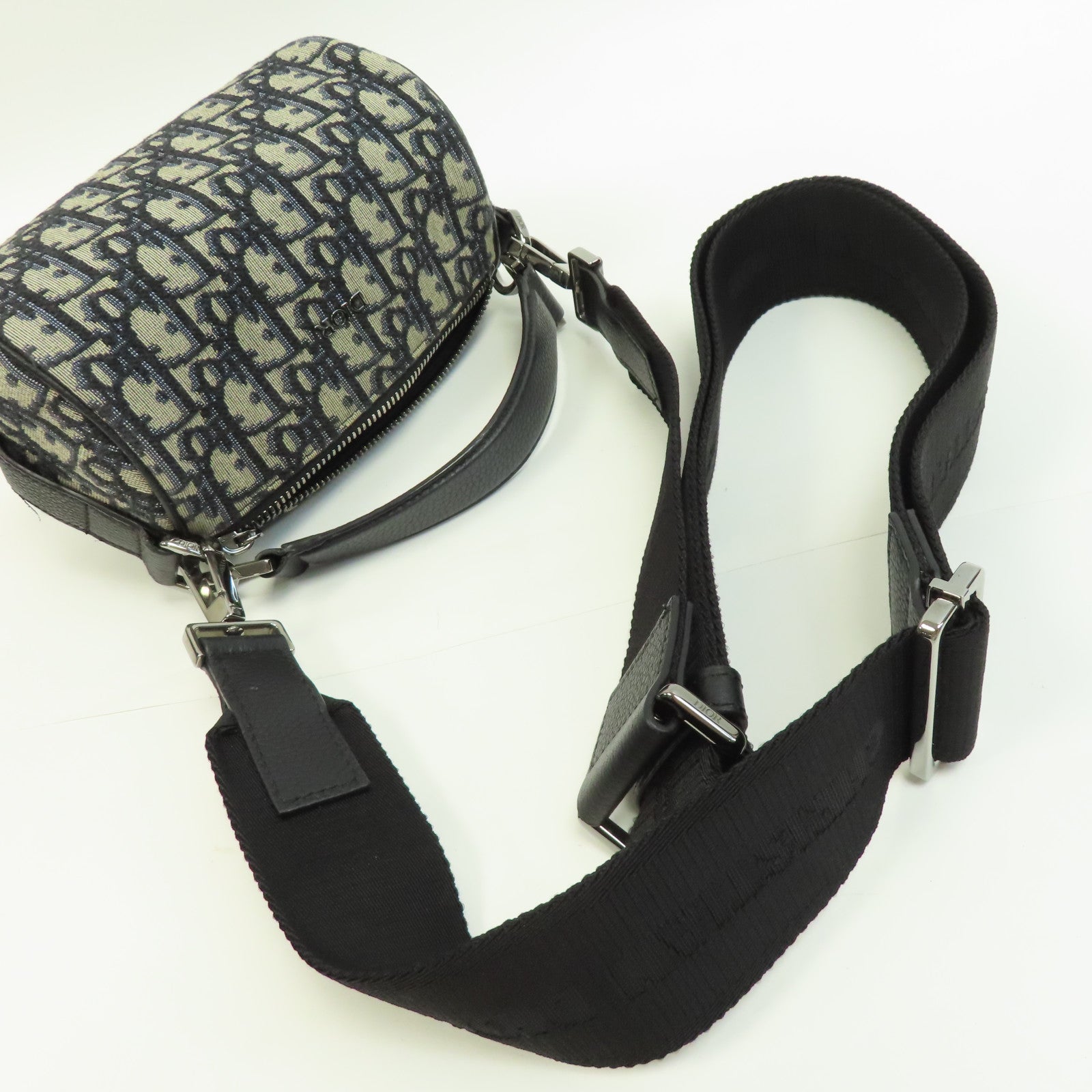 Dior 帆布/皮革Mini Rollen Messenger Bag銀扣手挽肩背兩用袋黑色