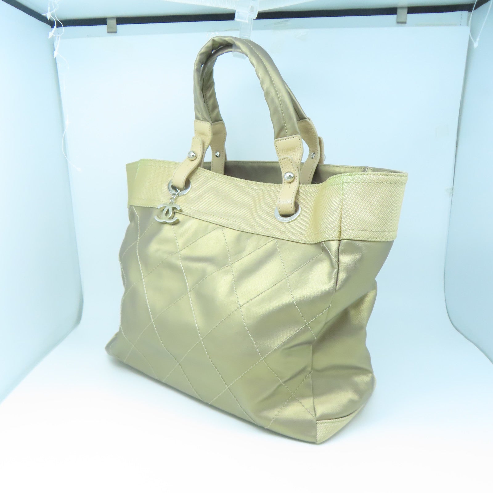 CHANEL Rhombus Canvas Handbag Silver Buckle Hand Bag Brown