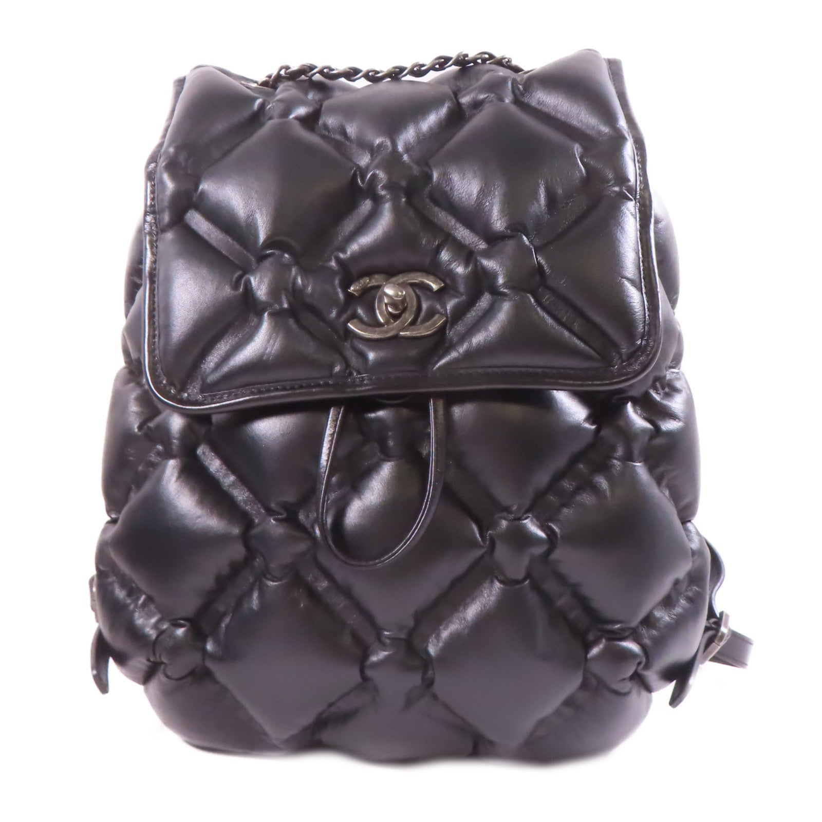 CHANEL 牛皮皮革Chesterfield Backpack銀扣背包黑色