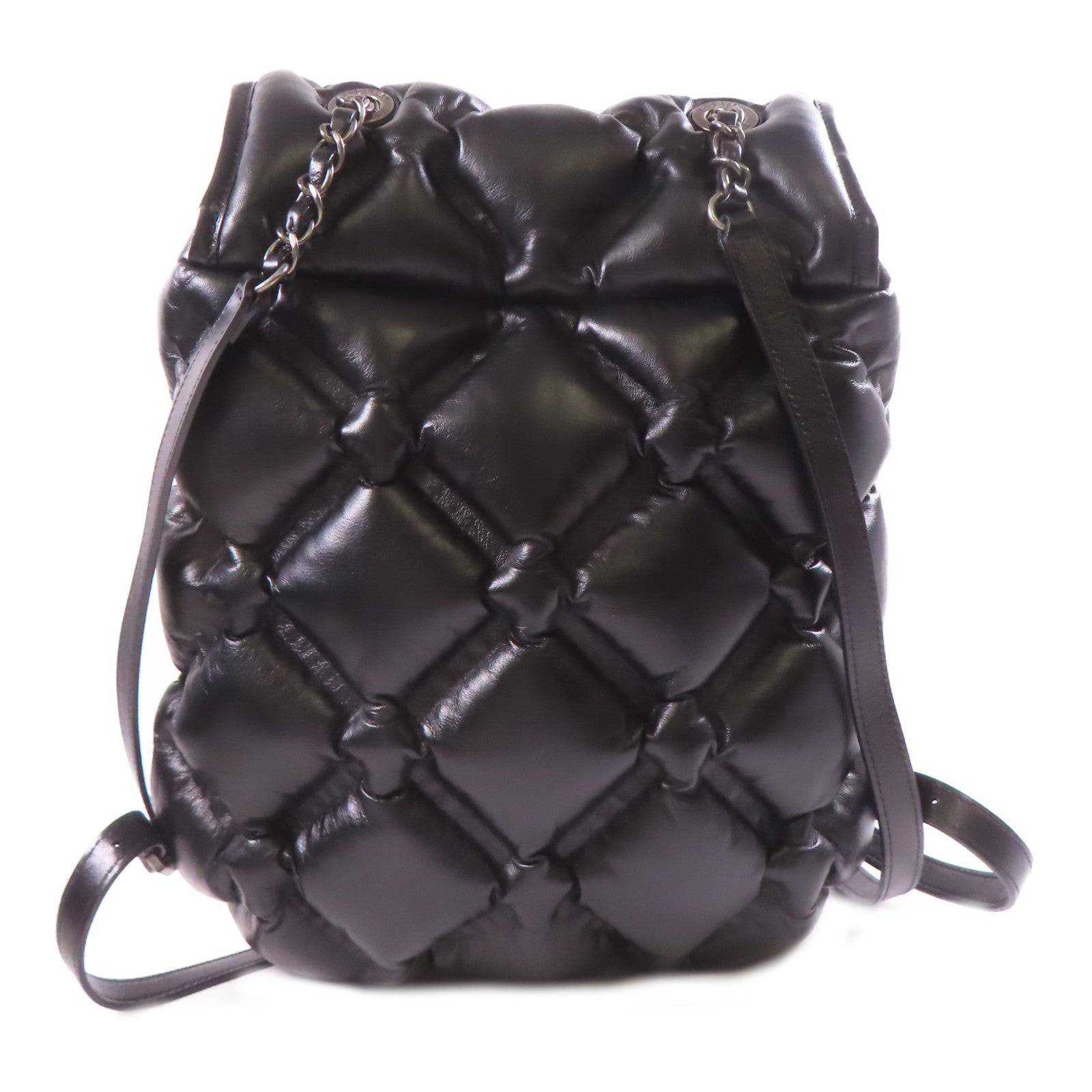 CHANEL 牛皮皮革Chesterfield Backpack銀扣背包黑色