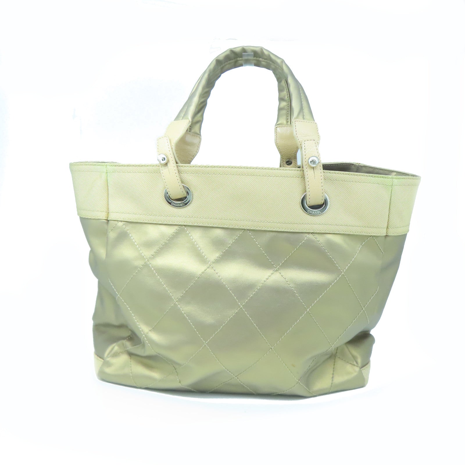 CHANEL Rhombus Canvas Handbag Silver Buckle Hand Bag Brown