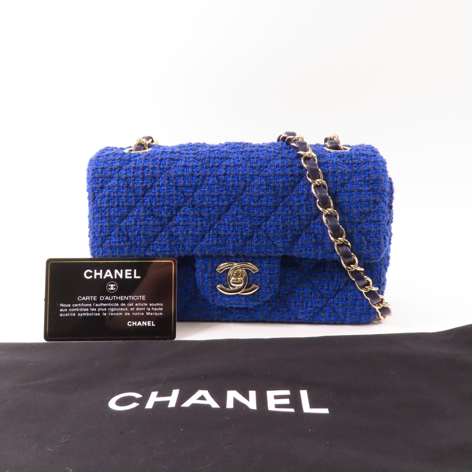 CHANEL CC GHW Mini Classic 20 Chain Shoulder Bag Tweed Blue