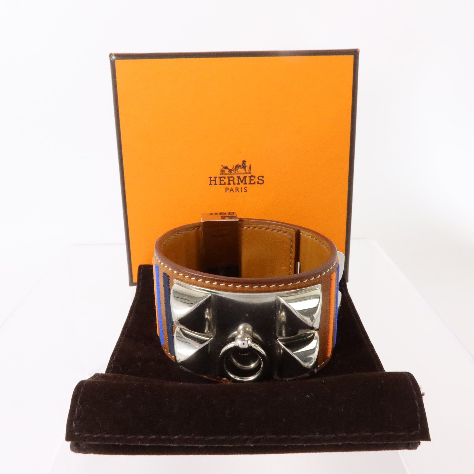 HERMES Swift皮革/金屬Collier De Chien Bracelet銀扣手鏈