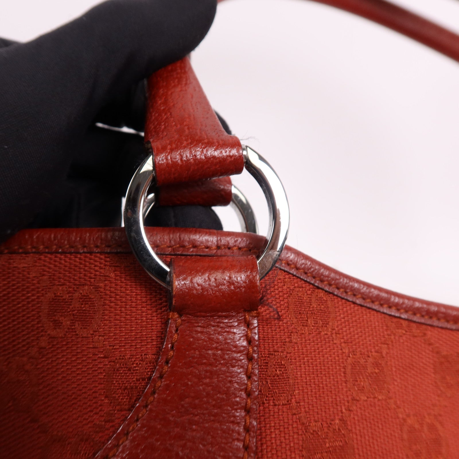 GUCCI 帆布/皮革Tote Bag銀扣肩背袋