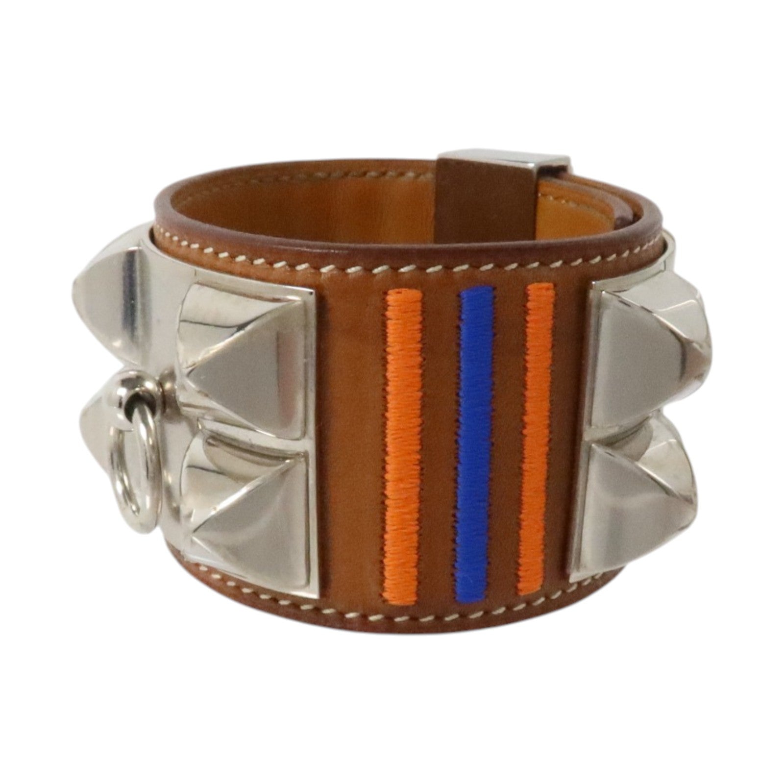 HERMES Swift皮革/金屬Collier De Chien Bracelet銀扣手鏈