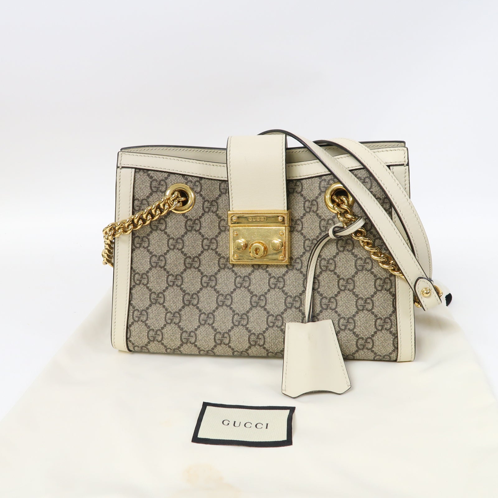 GUCCI 塗層帆布Padlock GG Small金扣鏈帶肩背袋啡色/白色