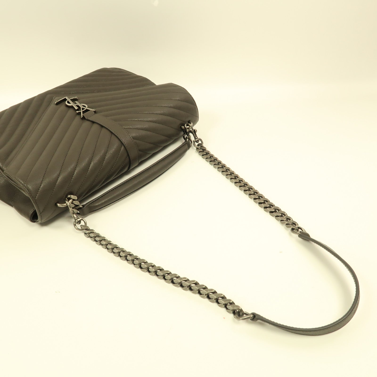 SAINT LAURENT 牛皮皮革Chain Shoulder銀扣手挽肩背兩用袋灰色