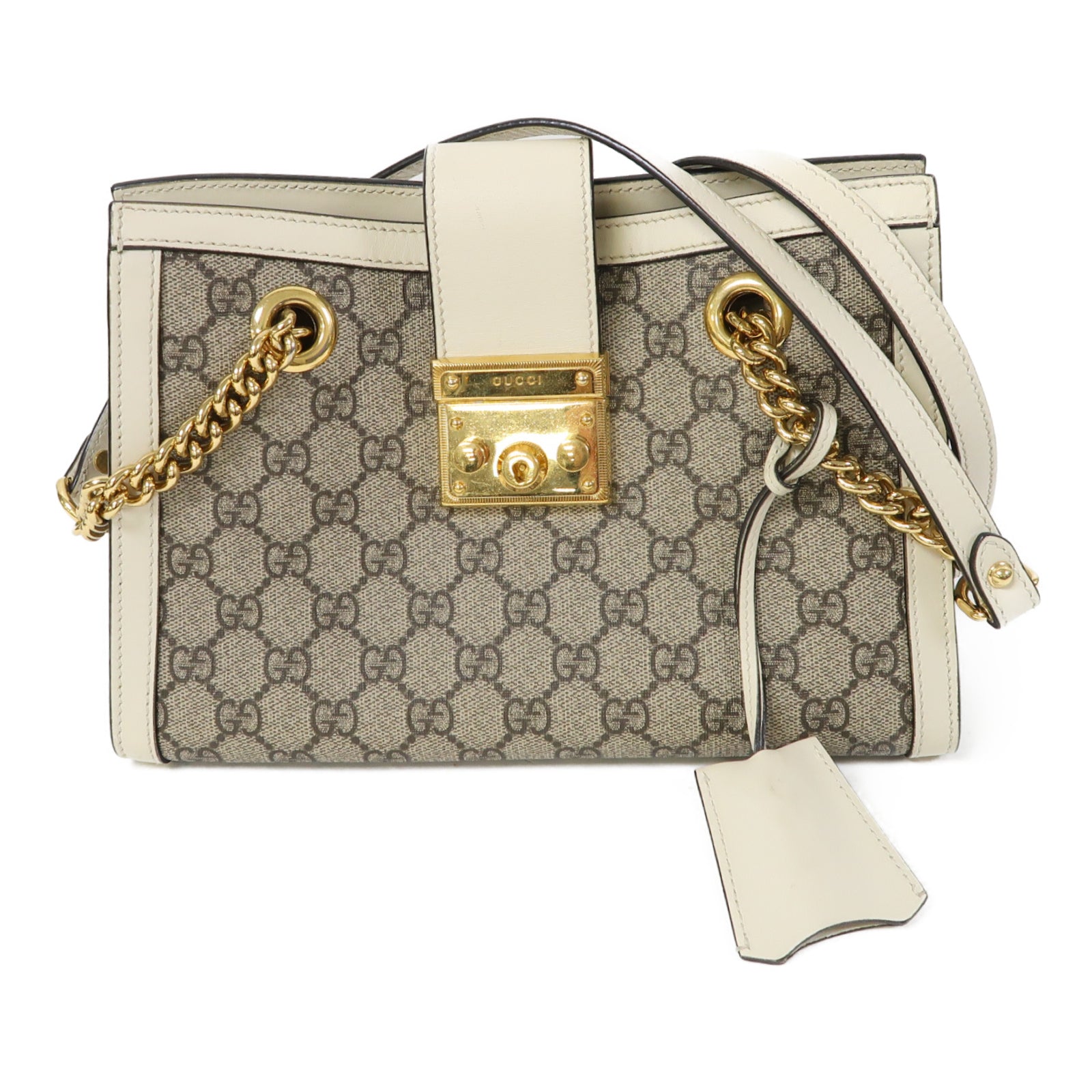 GUCCI 塗層帆布Padlock GG Small金扣鏈帶肩背袋啡色/白色