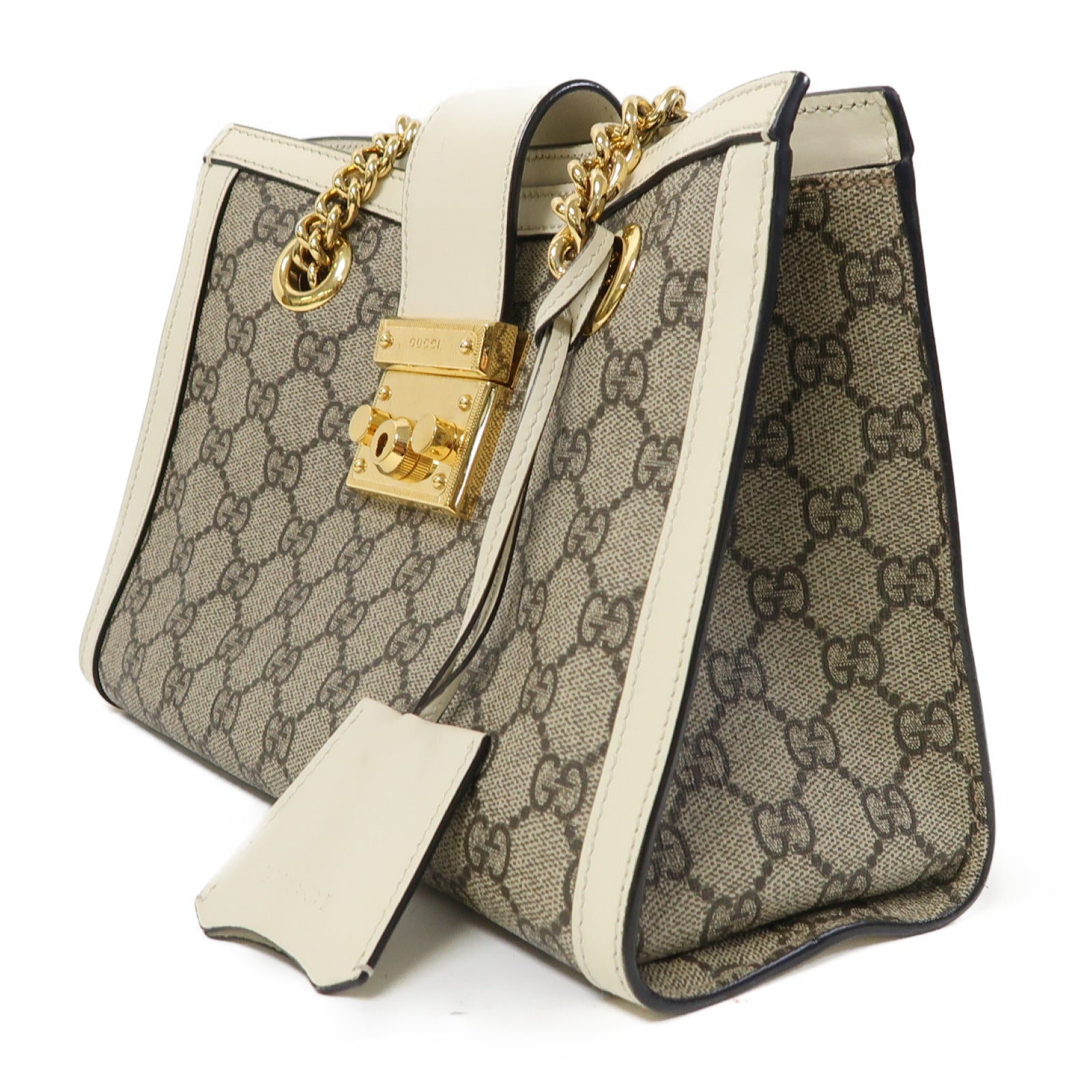 GUCCI 塗層帆布Padlock GG Small金扣鏈帶肩背袋啡色/白色