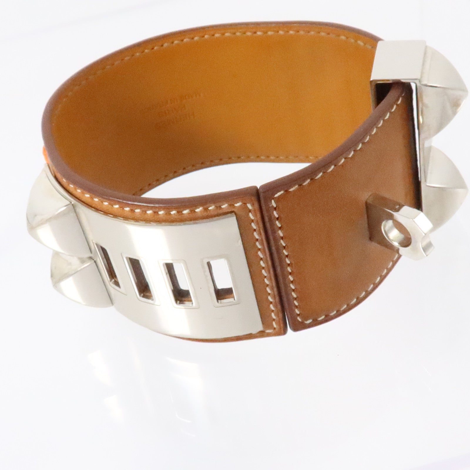 HERMES Swift皮革/金屬Collier De Chien Bracelet銀扣手鏈