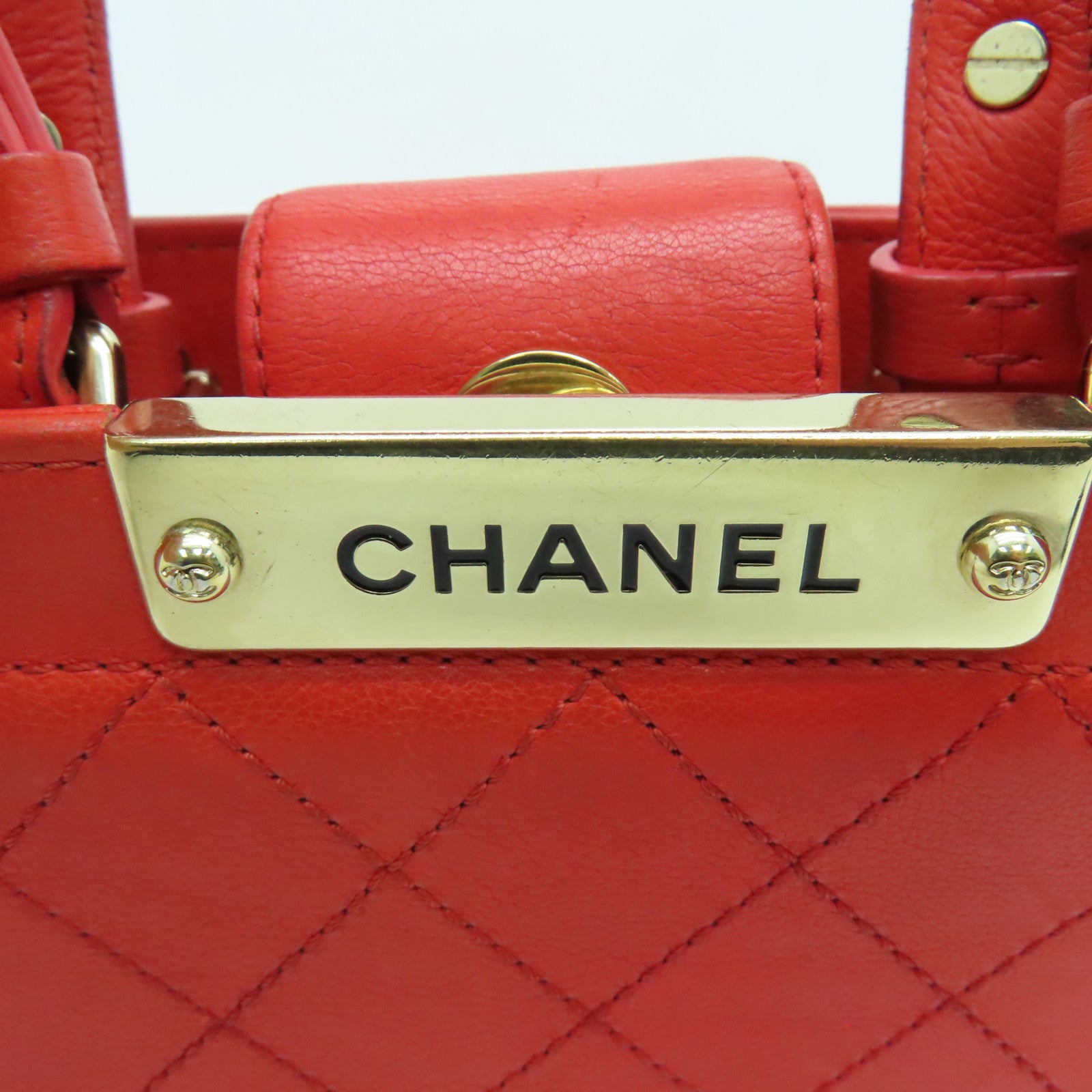 CHANEL 【清倉大減價】菱格牛皮皮革2Way Shoulder金扣手挽肩背兩用袋橙紅色