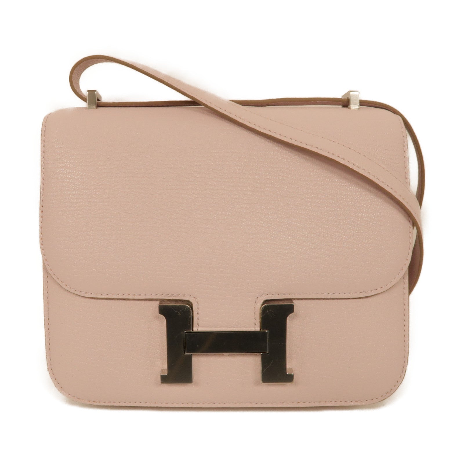 HERMES **【激減優惠】Chevre皮革Constance Mini銀扣肩背袋Mauve Pale粉紅色