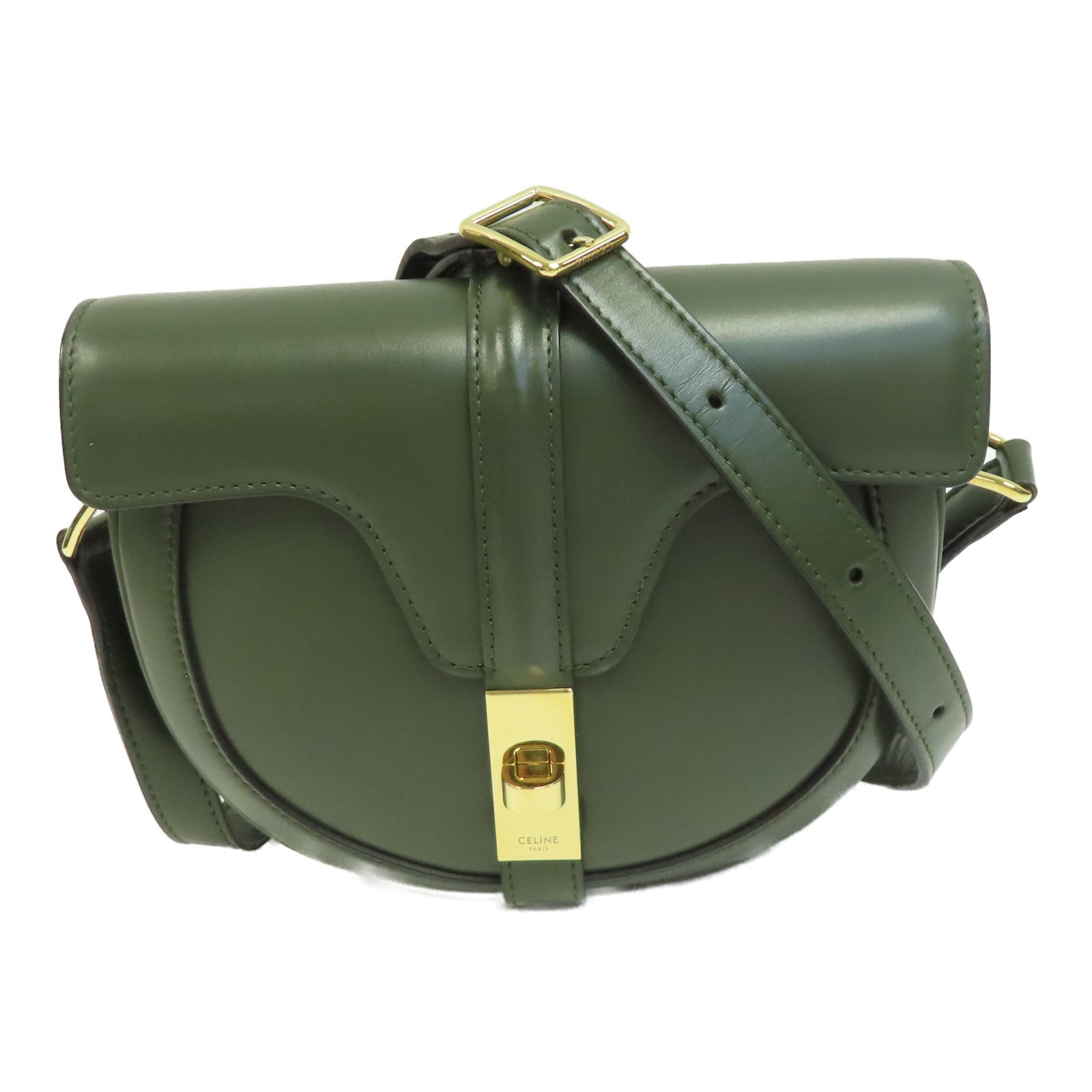 CELINE 牛皮皮革Small Besace 16金扣肩背袋綠色