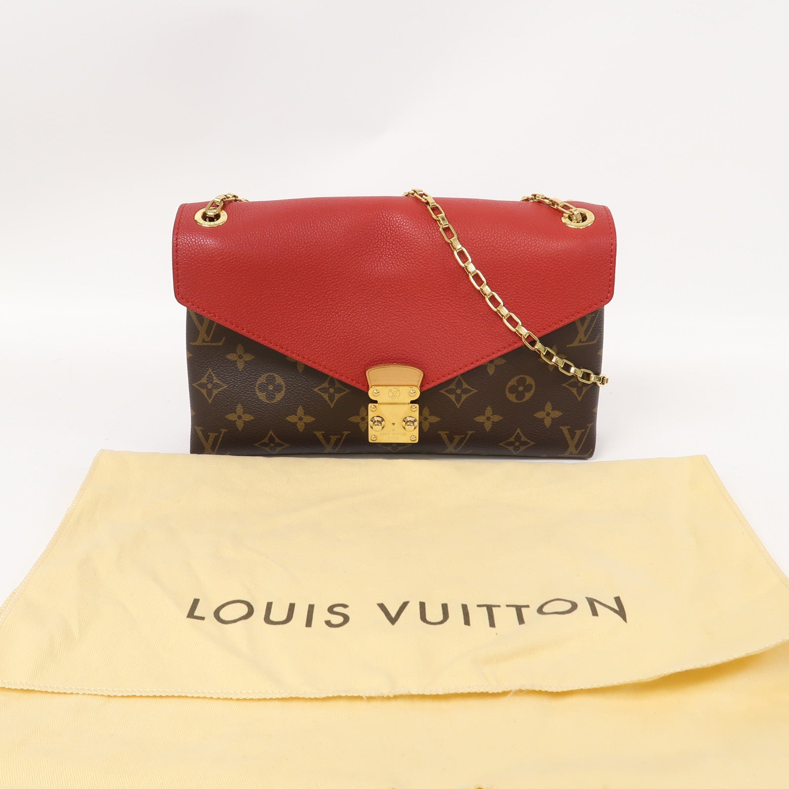 LOUIS VUITTON Monogram Pallas Chain Bag金扣鏈帶肩背袋紅色/啡色