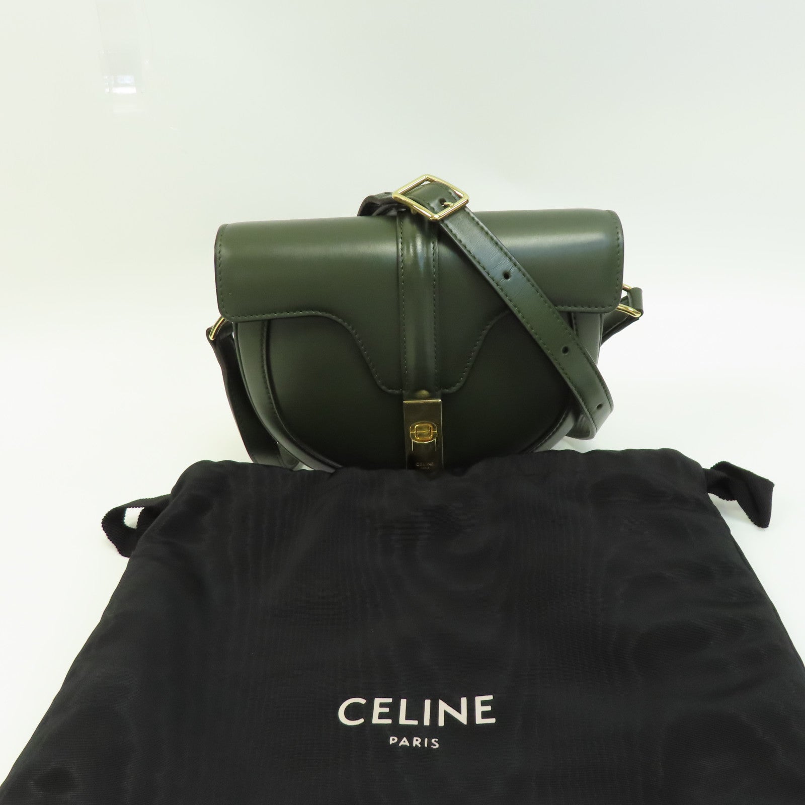 CELINE 牛皮皮革Small Besace 16金扣肩背袋綠色