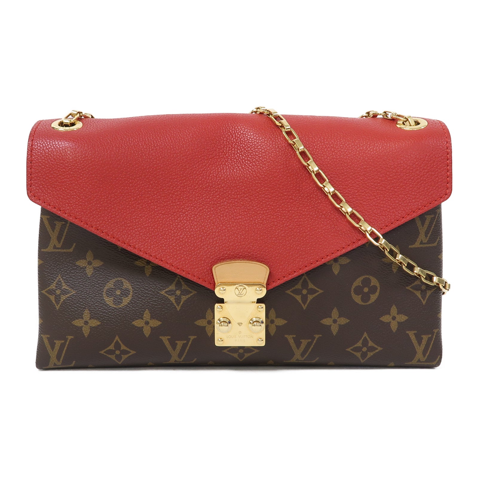 LOUIS VUITTON Monogram Pallas Chain Bag金扣鏈帶肩背袋紅色/啡色