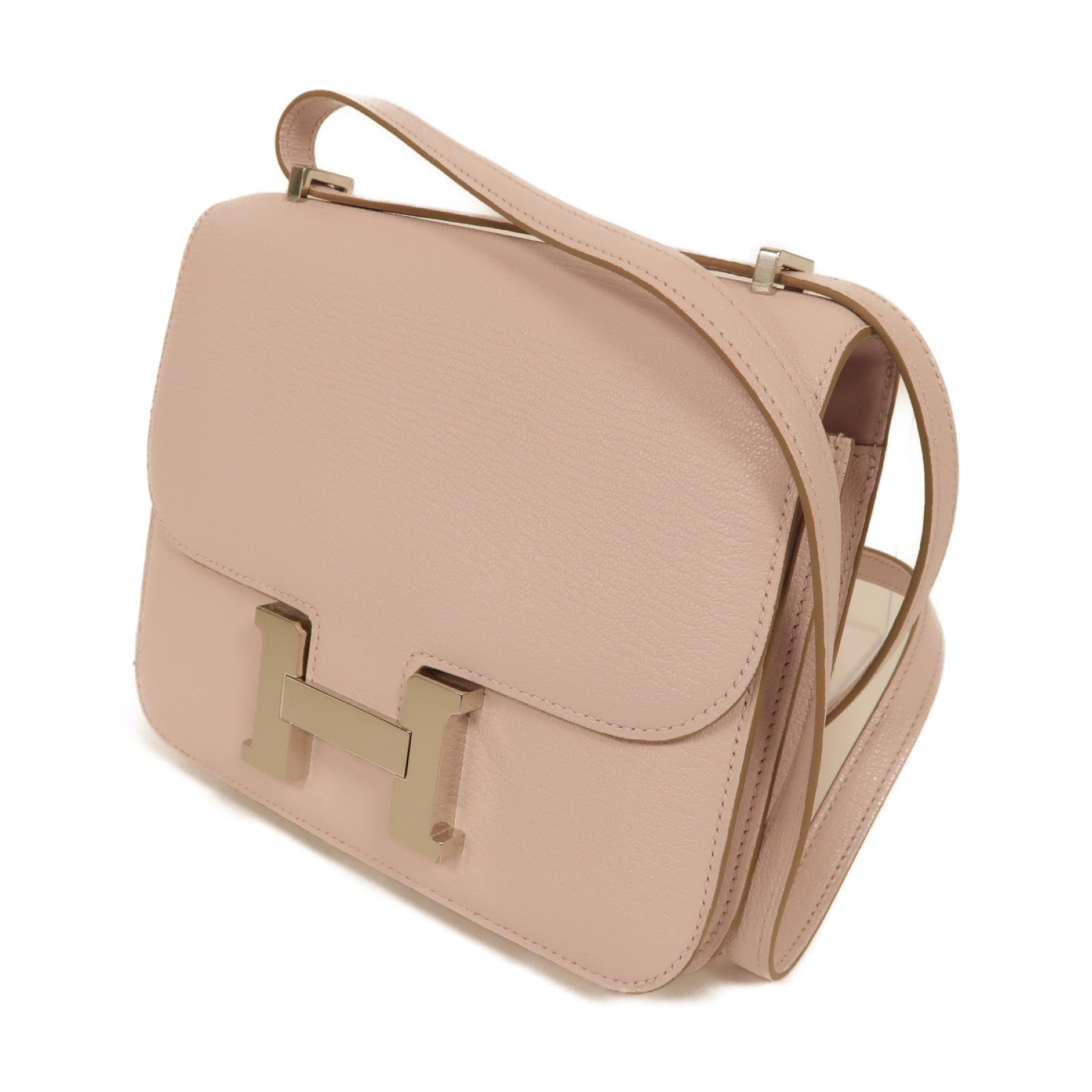 HERMES **【激減優惠】Chevre皮革Constance Mini銀扣肩背袋Mauve Pale粉紅色