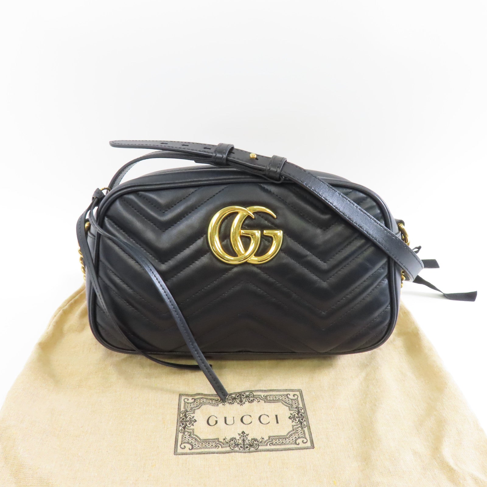 GUCCI 牛皮皮革GG Marmont金扣鏈帶肩背袋黑色