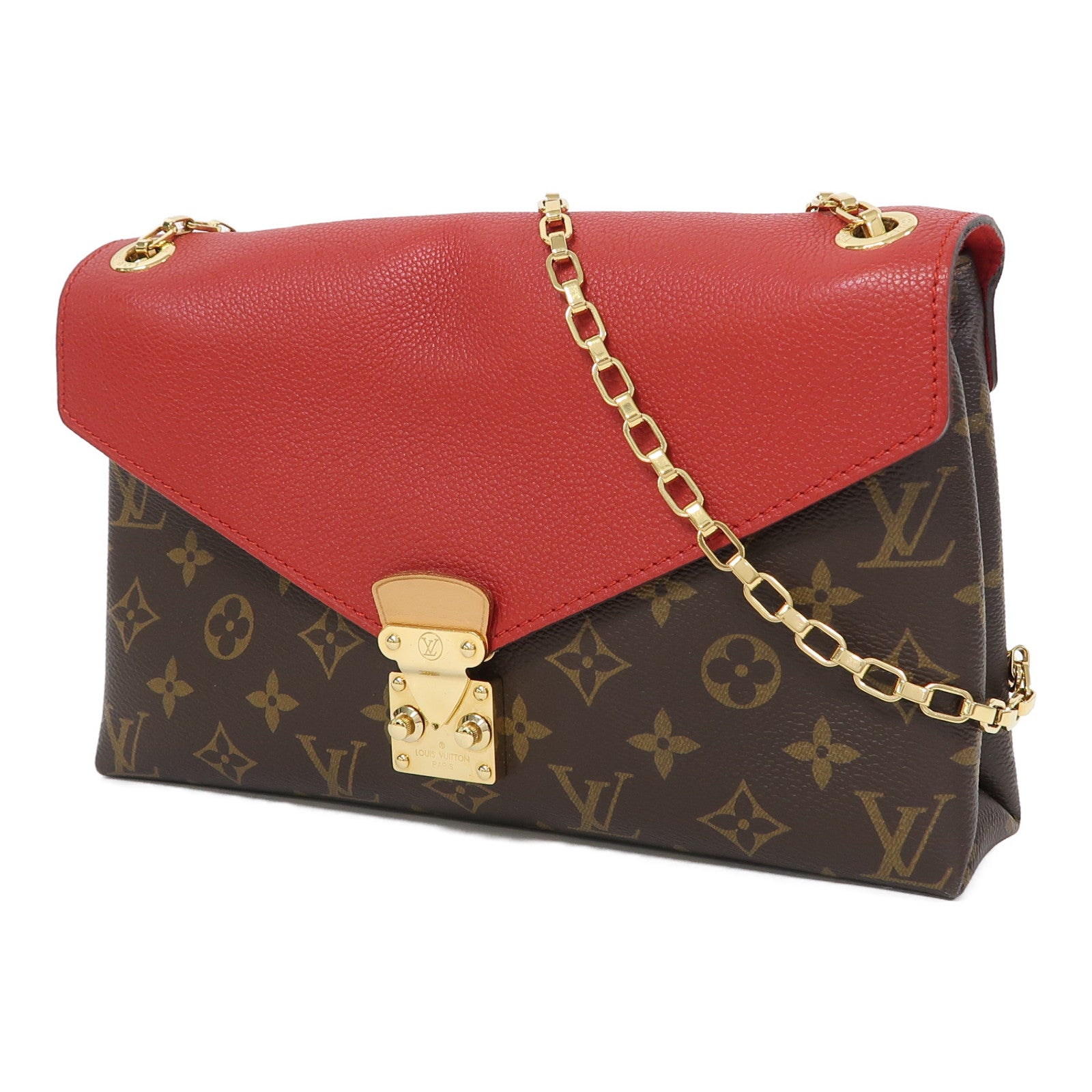 LOUIS VUITTON Monogram Pallas Chain Bag金扣鏈帶肩背袋紅色/啡色