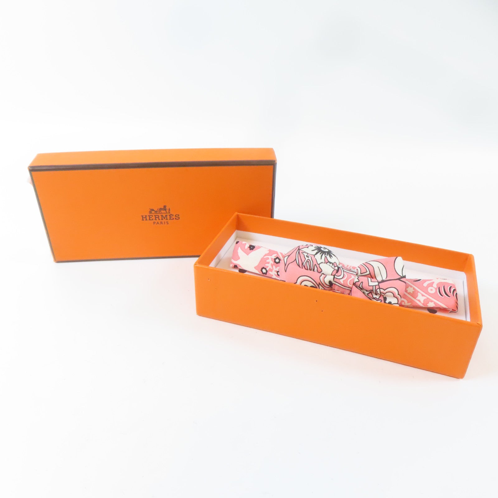 HERMES 絲質Mini Ribbon Bow領帶粉紅色