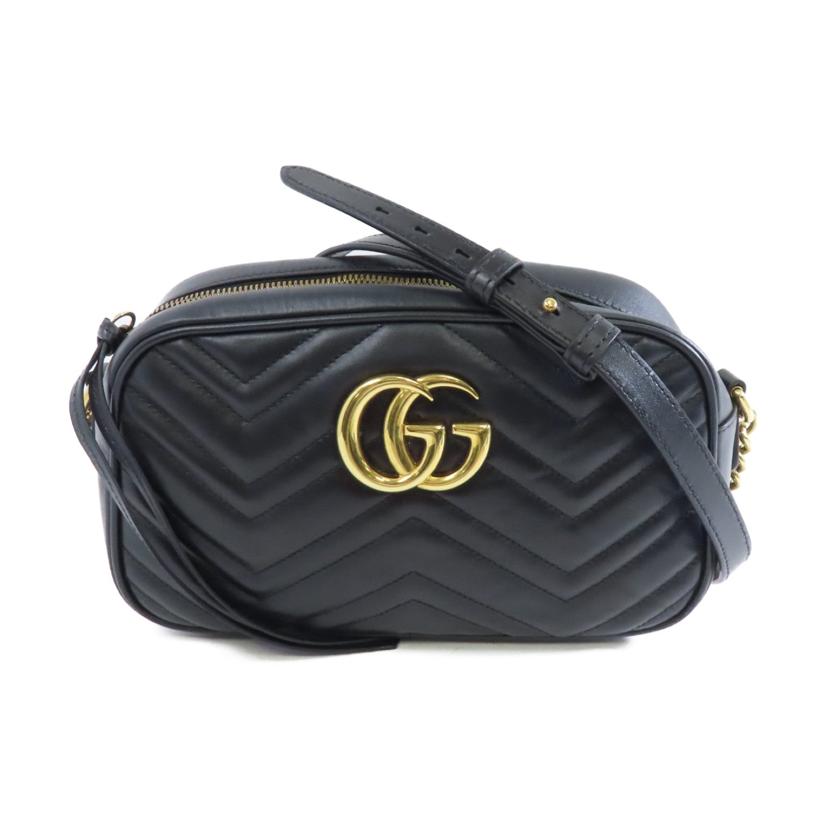 GUCCI 牛皮皮革GG Marmont金扣鏈帶肩背袋黑色