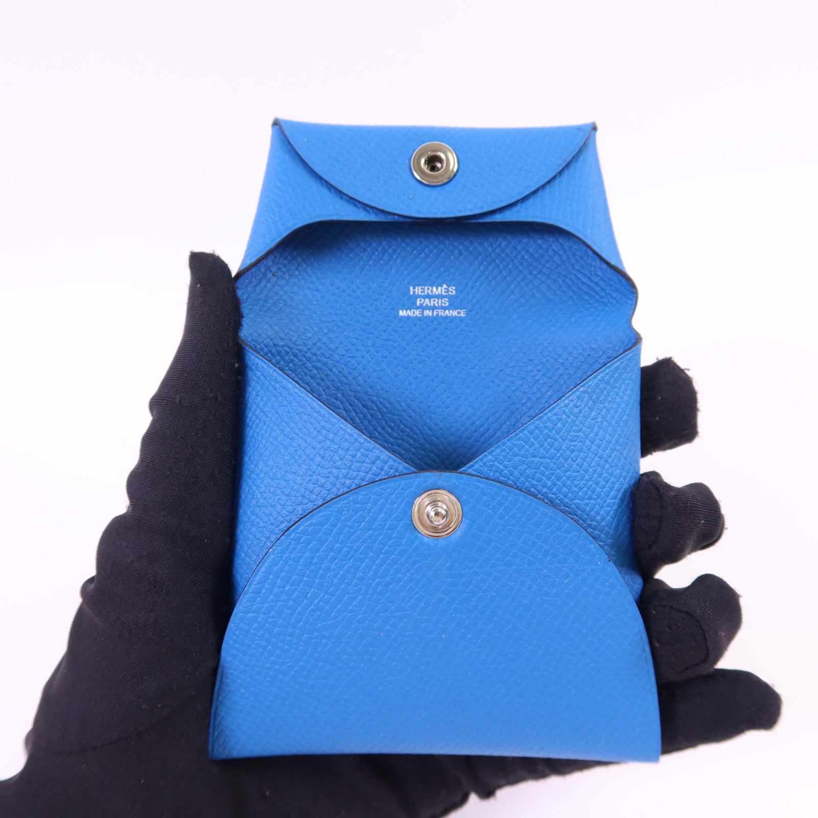 HERMES Epsom皮革Bastia銀扣零錢包Bleu Hydra