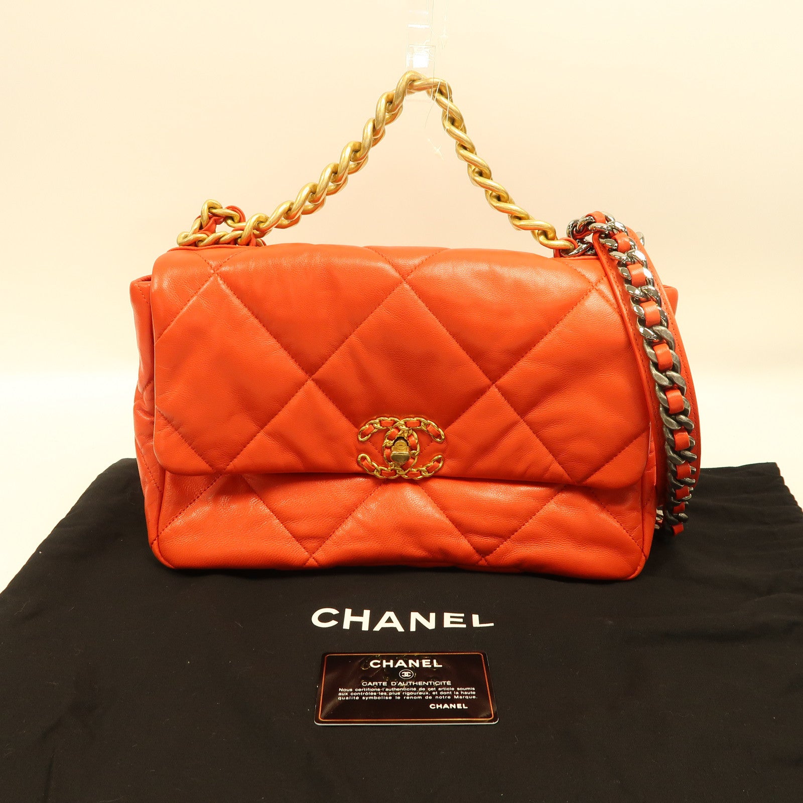 CHANEL 【激減優惠】菱格牛皮皮革Chanel 19 Large金扣/銀扣手挽肩背兩用袋橙色·