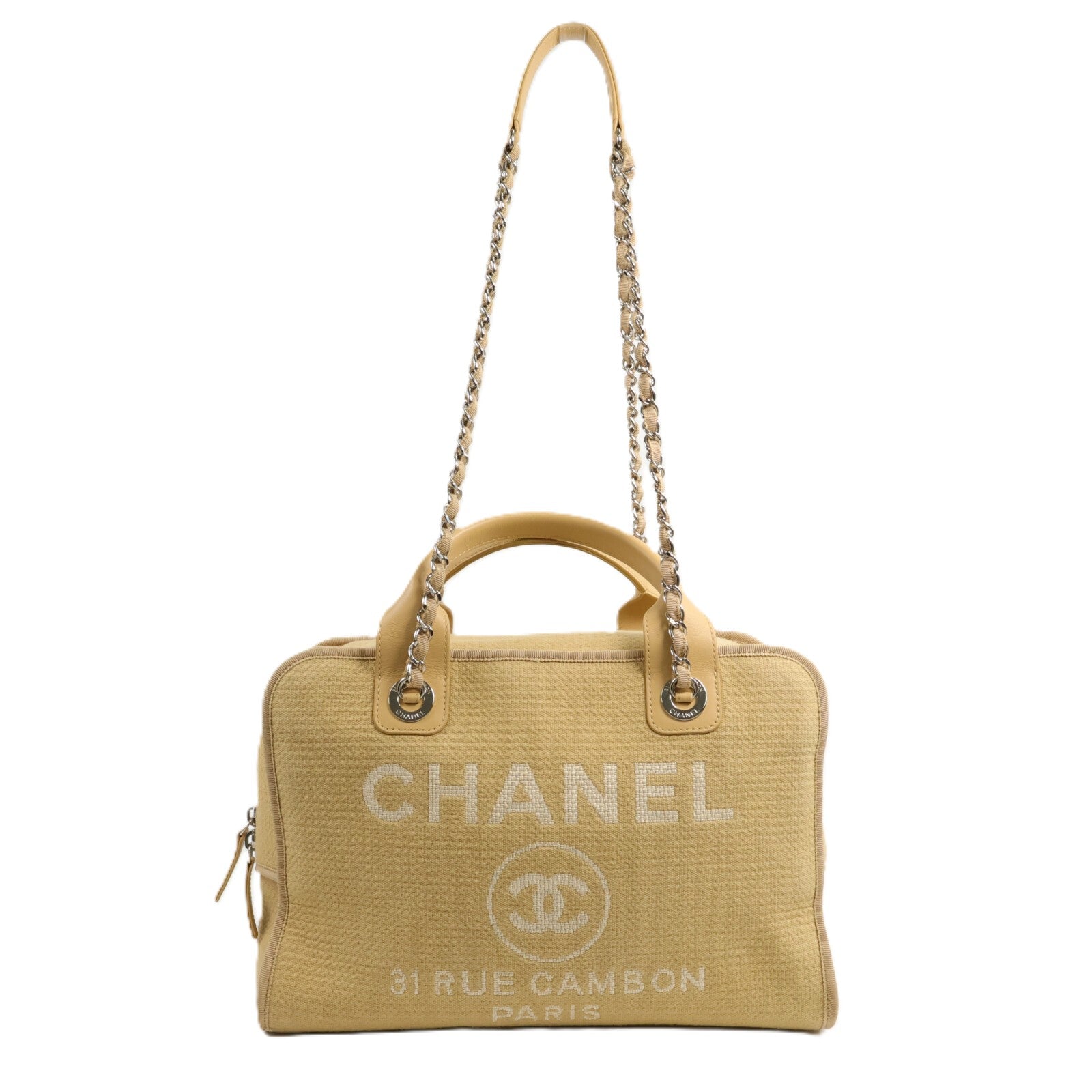 CHANEL 帆布Deauville Bowling Bag鏈帶手挽肩背兩用袋