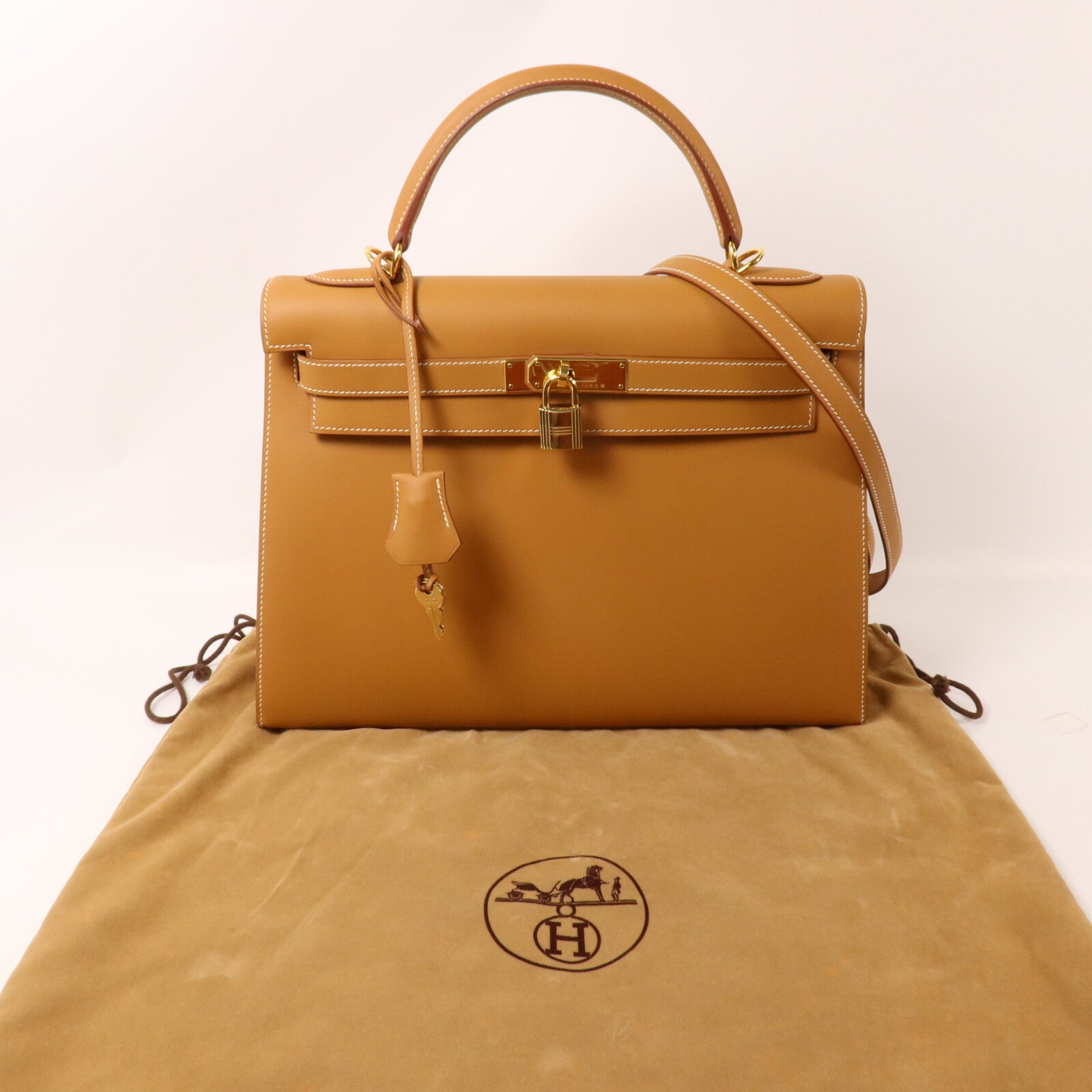 HERMES Box Calf皮革Kelly 32手挽肩背兩用袋Gold