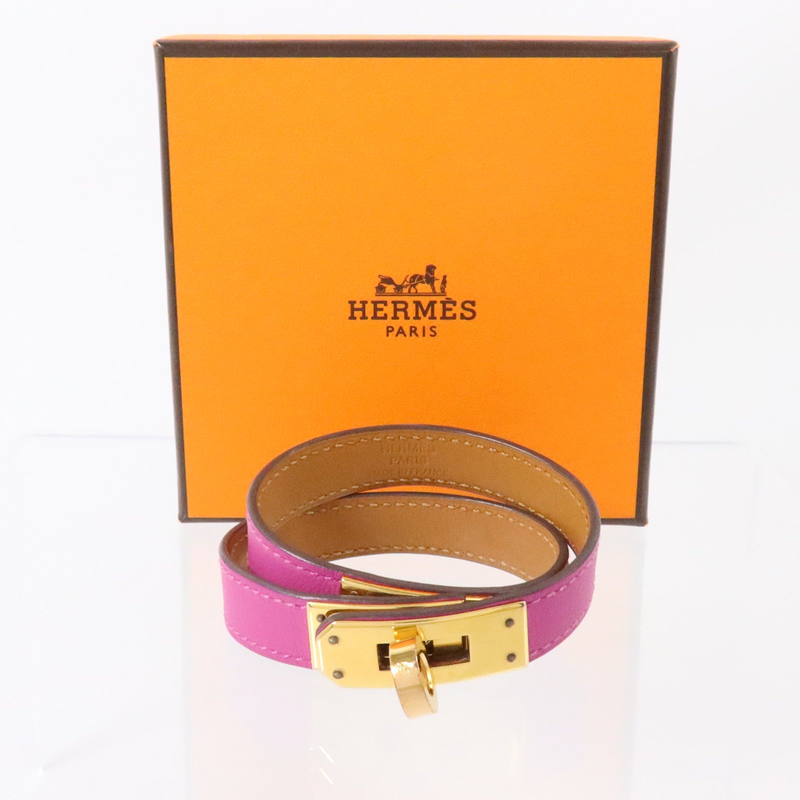 HERMES Swift皮革/金屬Mini Kelly Double Tour Bracelet金扣手鏈Rose Purple