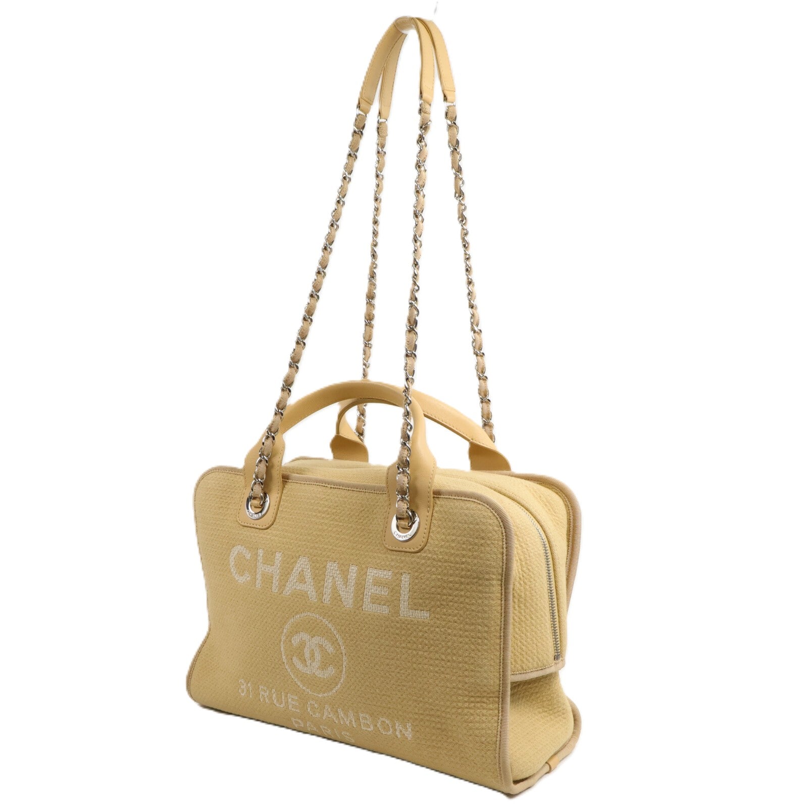 CHANEL 帆布Deauville Bowling Bag鏈帶手挽肩背兩用袋