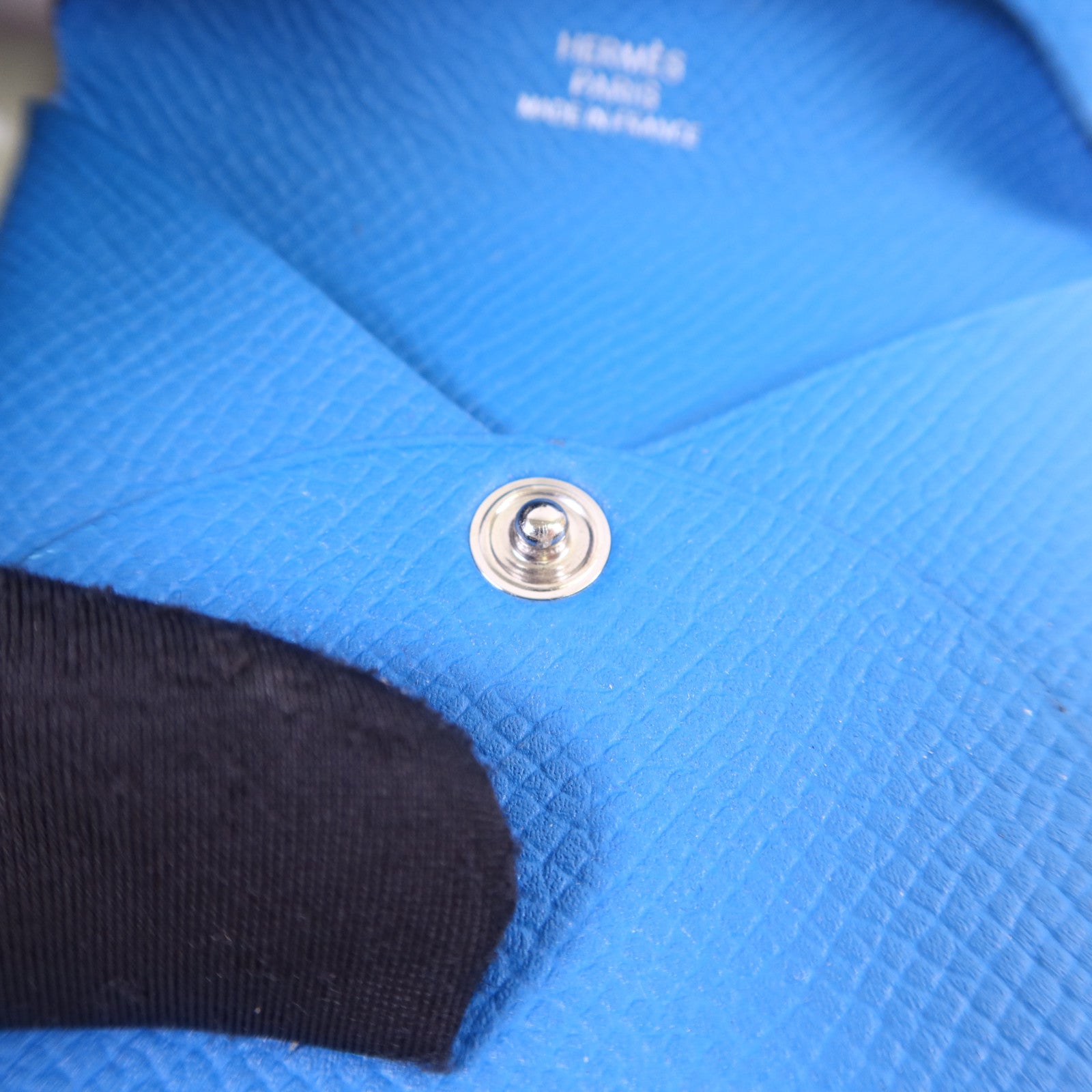 HERMES Epsom皮革Bastia銀扣零錢包Bleu Hydra