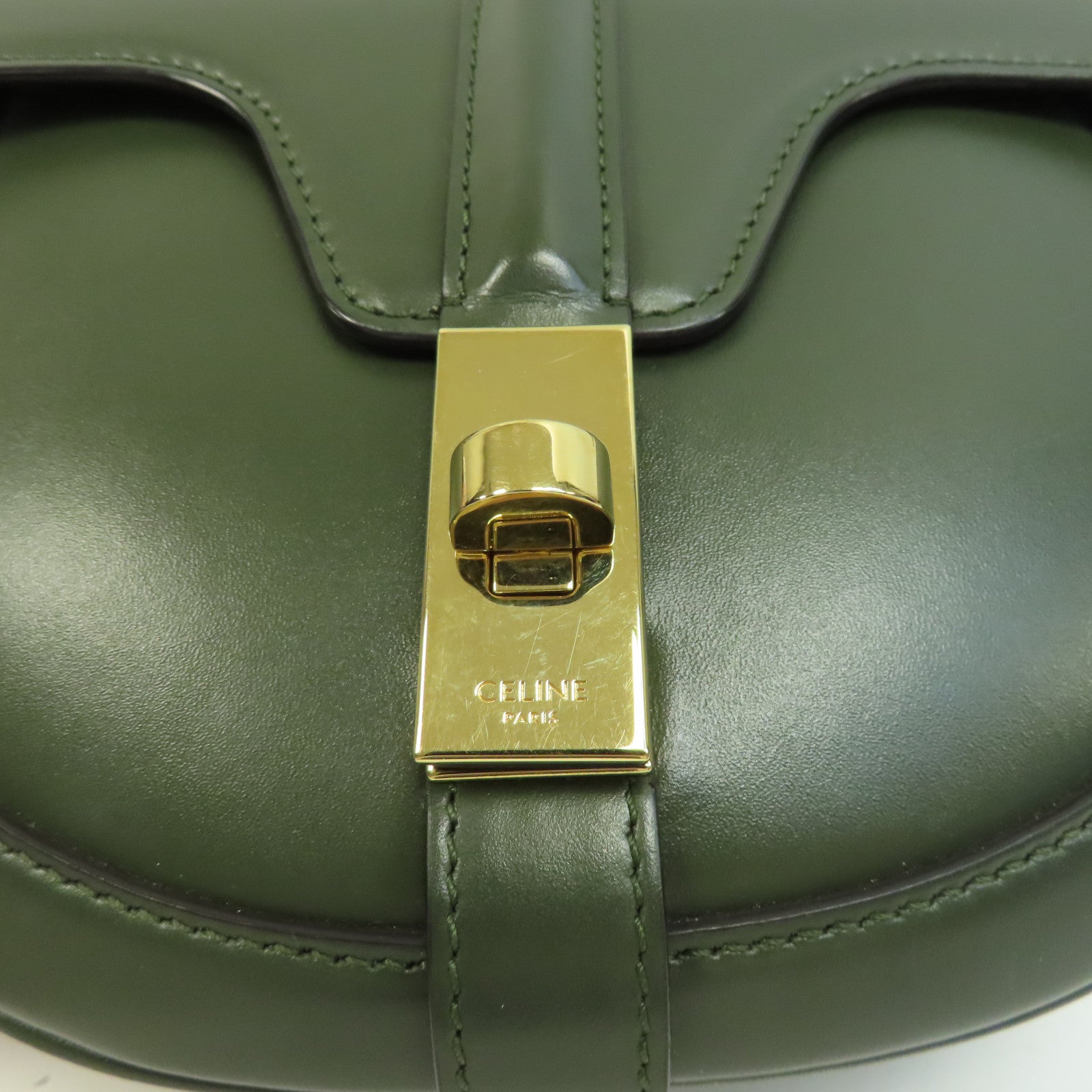 CELINE 牛皮皮革Small Besace 16金扣肩背袋綠色