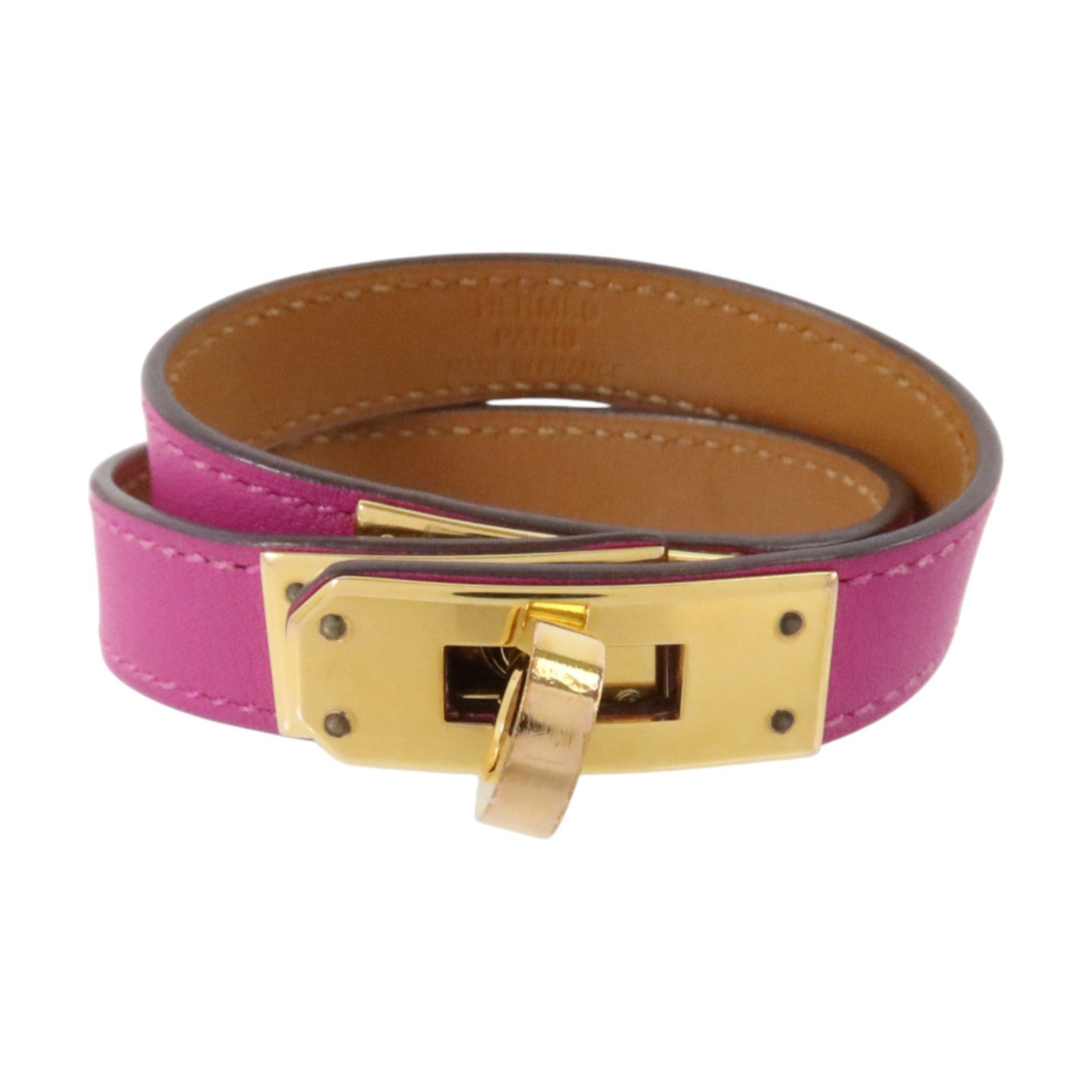HERMES Swift皮革/金屬Mini Kelly Double Tour Bracelet金扣手鏈Rose Purple