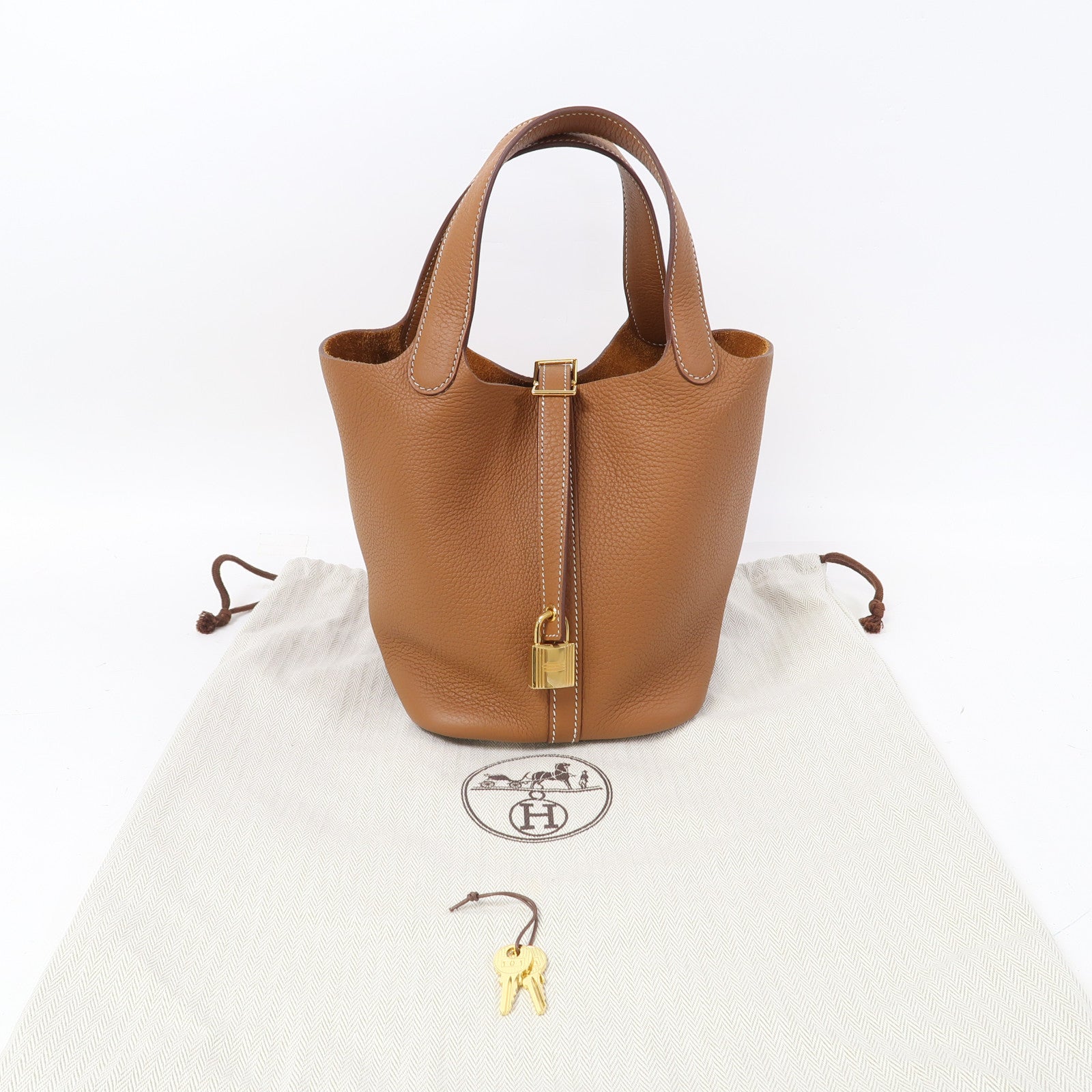 HERMES Clemence皮革Picotin PM金扣手挽袋經典駝色