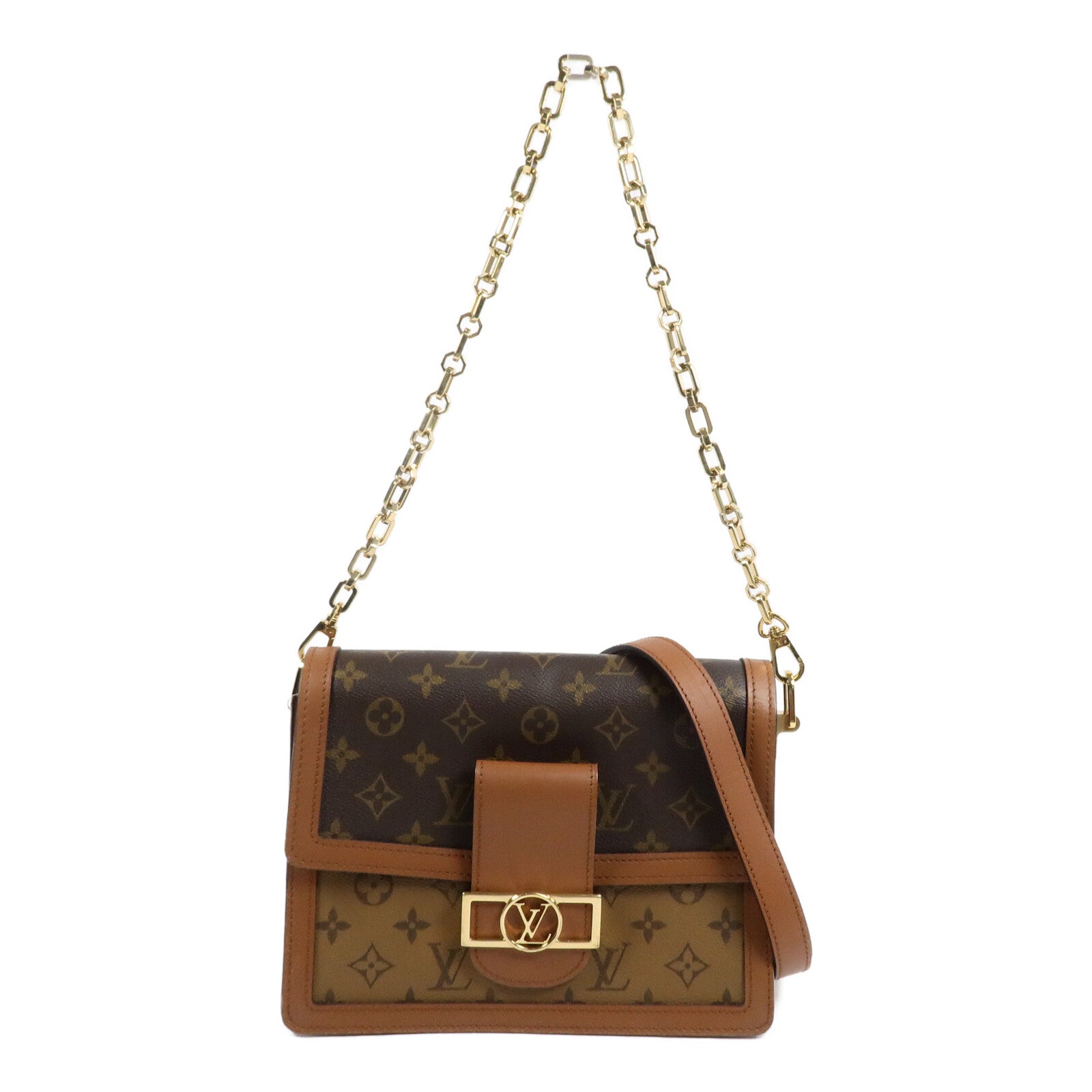 LOUIS VUITTON Monogram/Monogram Reverse Dauphine MM金扣手挽肩背兩用袋棕色