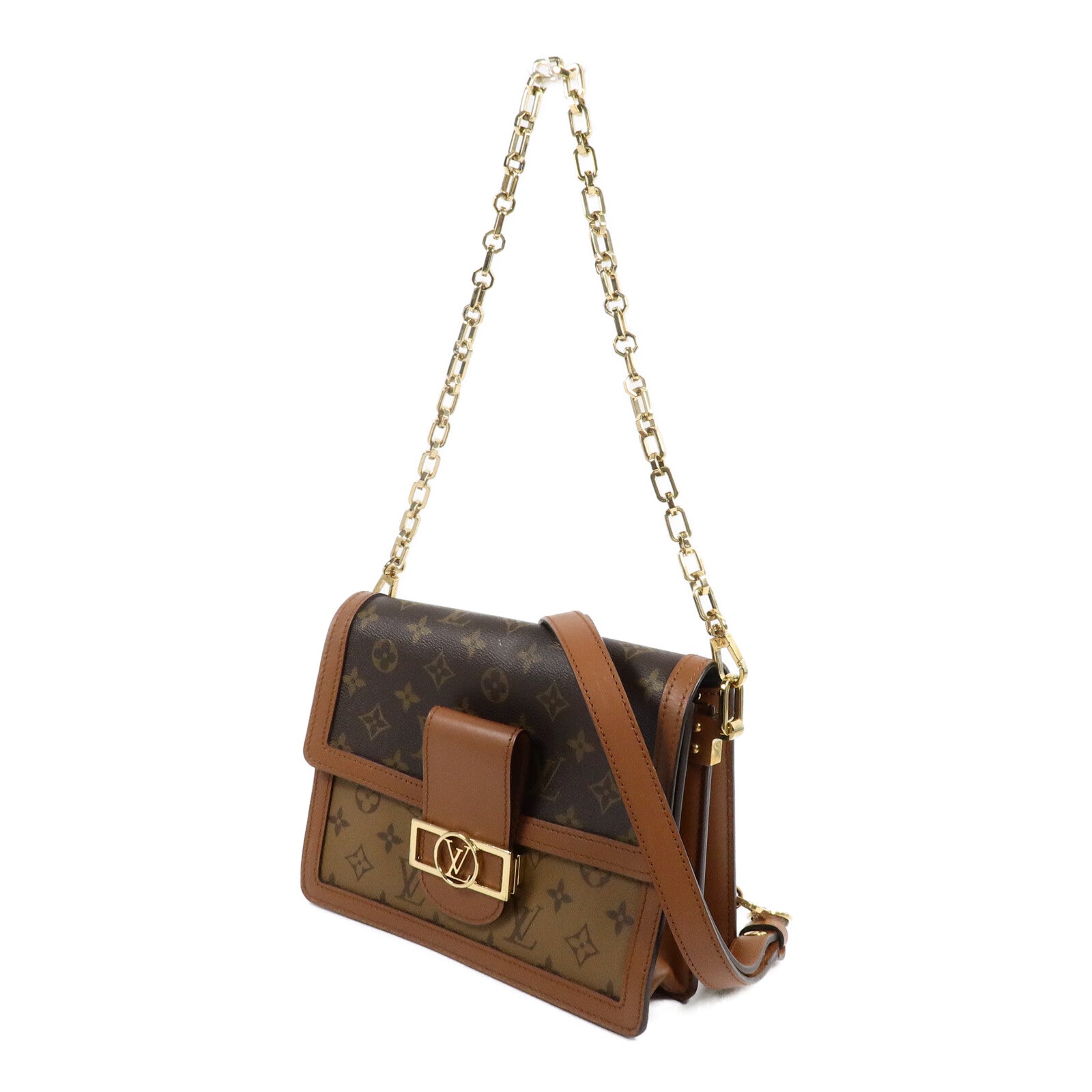 LOUIS VUITTON Monogram/Monogram Reverse Dauphine MM金扣手挽肩背兩用袋棕色
