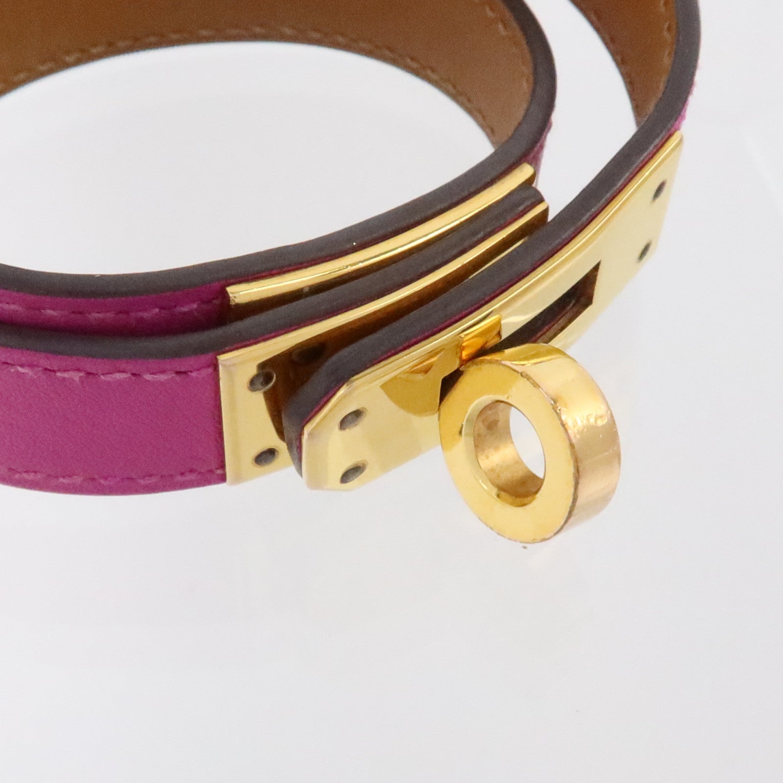 HERMES Swift皮革/金屬Mini Kelly Double Tour Bracelet金扣手鏈Rose Purple
