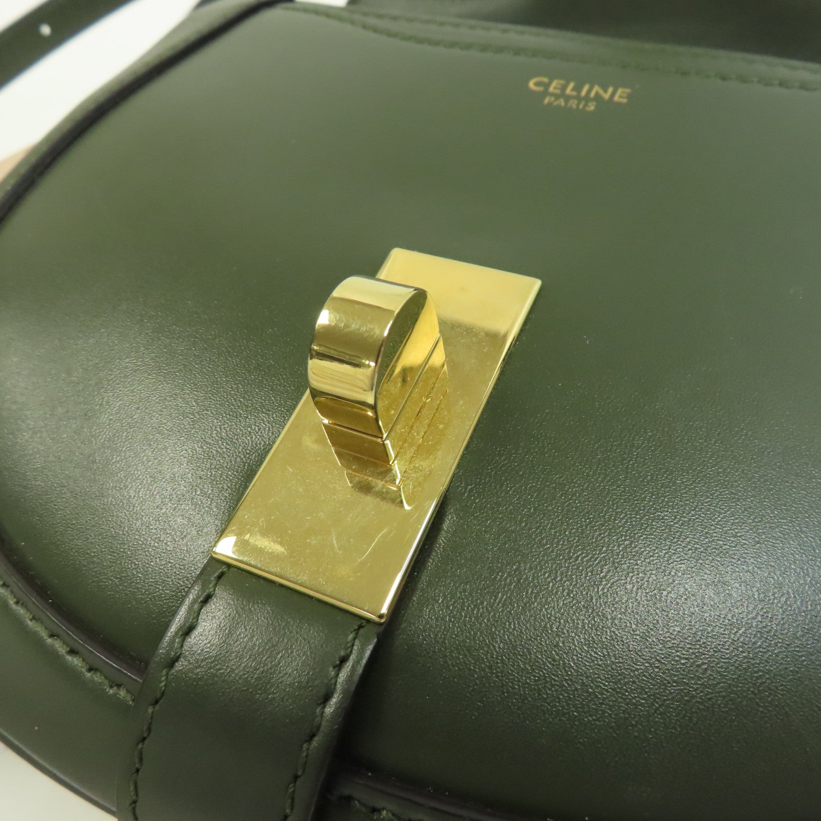 CELINE 牛皮皮革Small Besace 16金扣肩背袋綠色