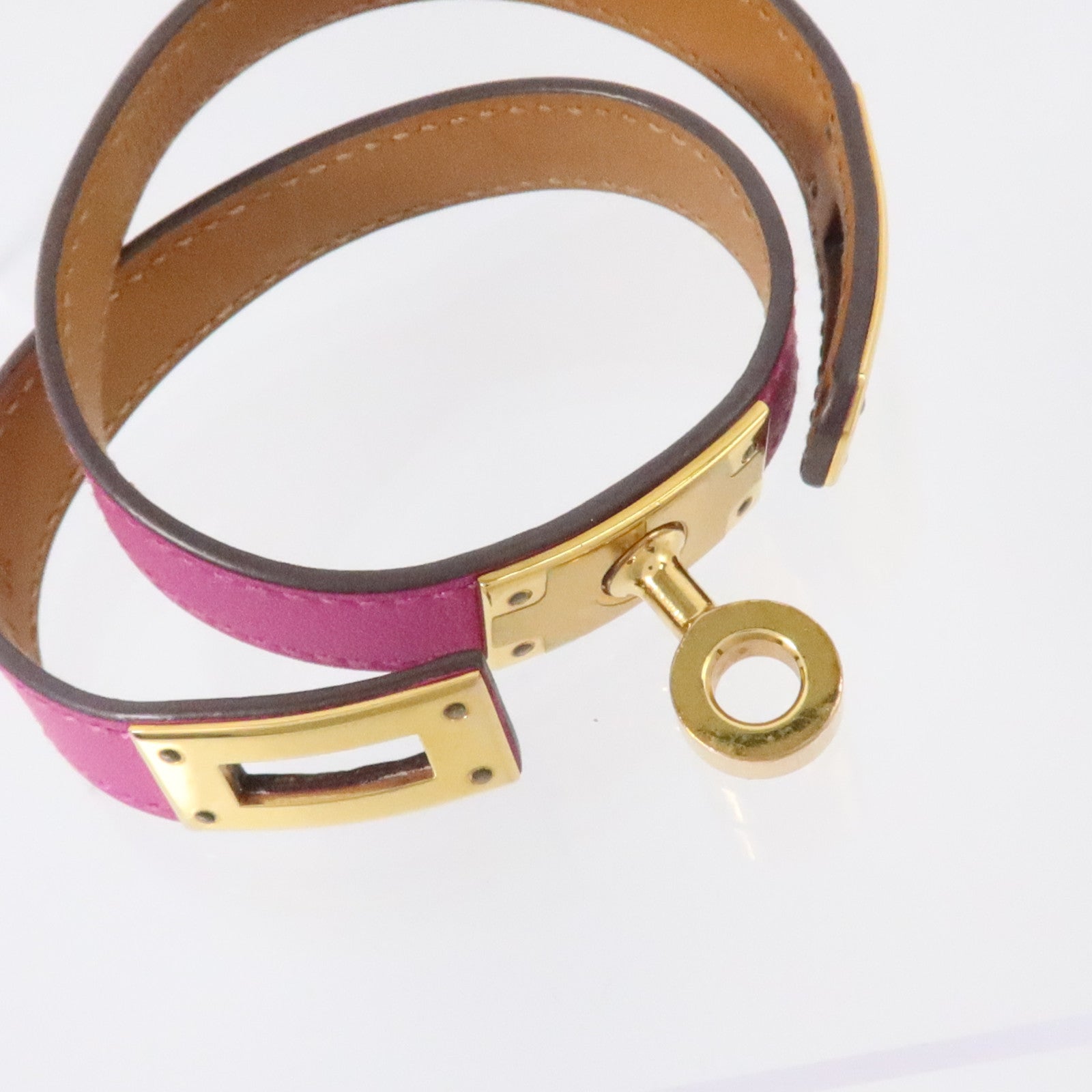 HERMES Swift皮革/金屬Mini Kelly Double Tour Bracelet金扣手鏈Rose Purple