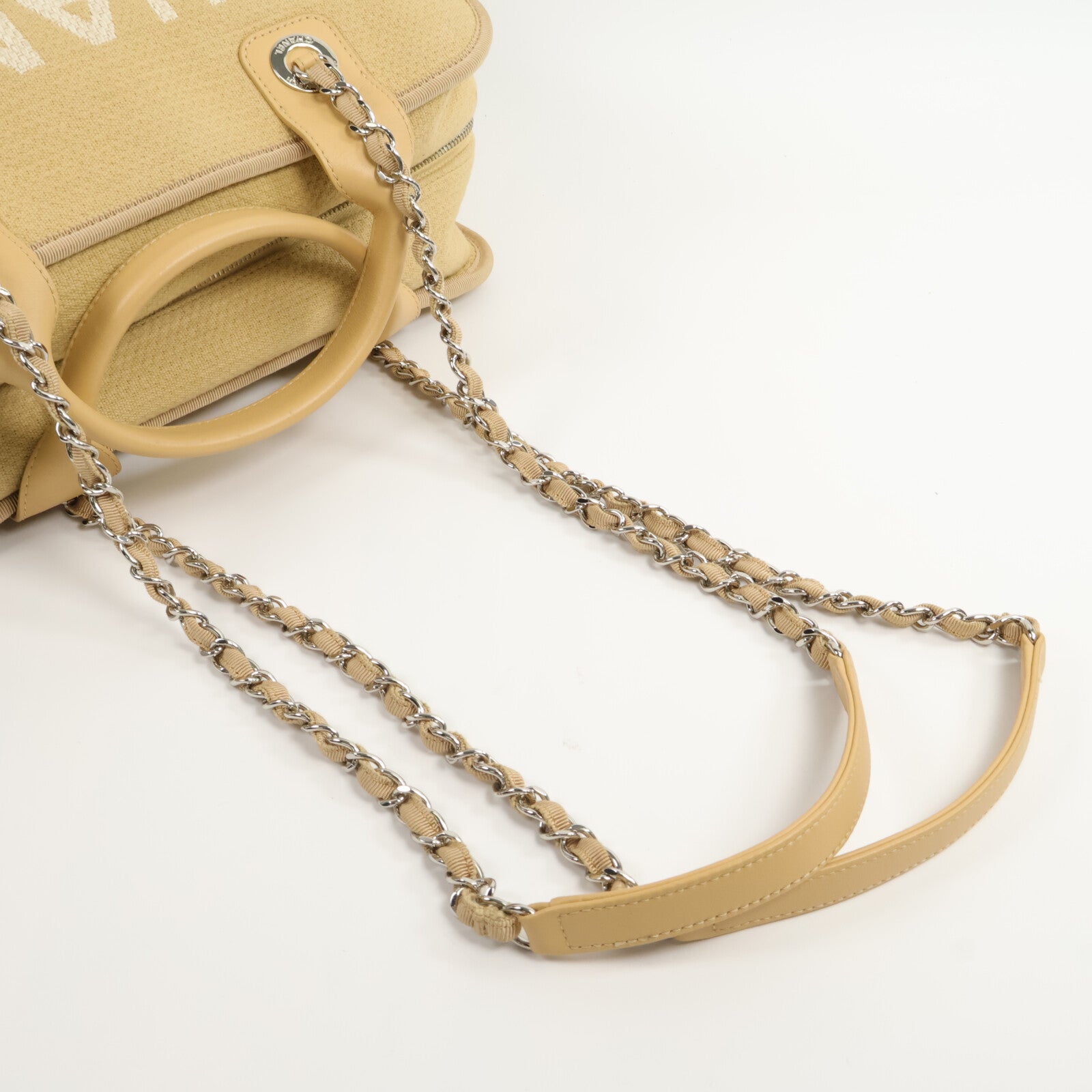 CHANEL 帆布Deauville Bowling Bag鏈帶手挽肩背兩用袋