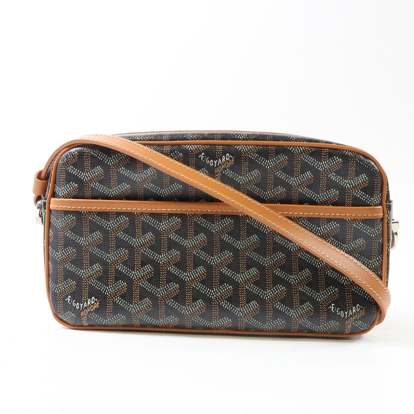 GOYARD 塗層帆布/皮革Cap Vert PM銀扣肩背袋啡色/黑色