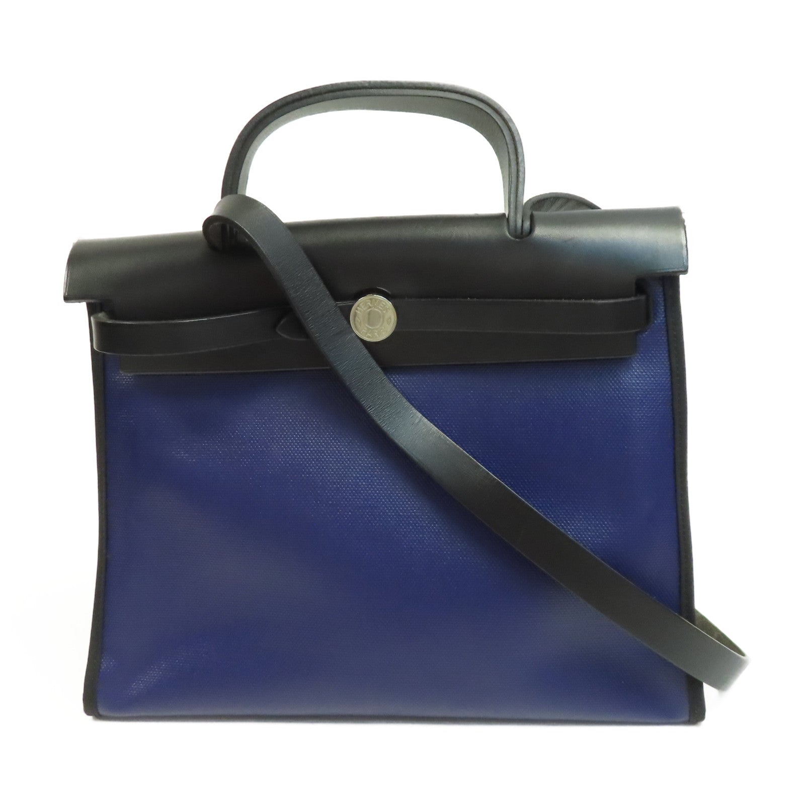 HERMES 塗層帆布Herbag PM銀扣手挽肩背兩用袋藍色/黑色
